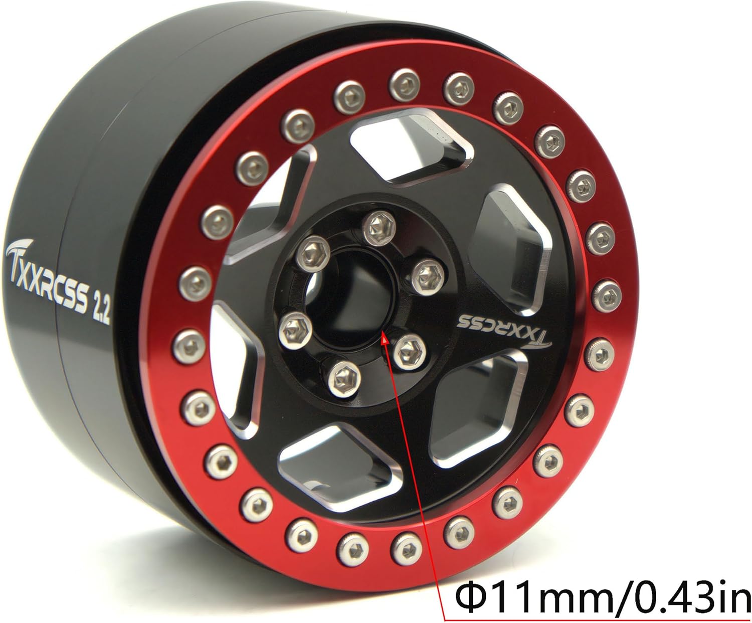 RC 2.2 Aluminum Alloy Beadlock Wheels and Tires Upgrades Accessories Rims for 1/10 SCX10 SCX10 l TRX4RC4WD and D90 RC Crawler Axial Remote Control Car (Black Red)