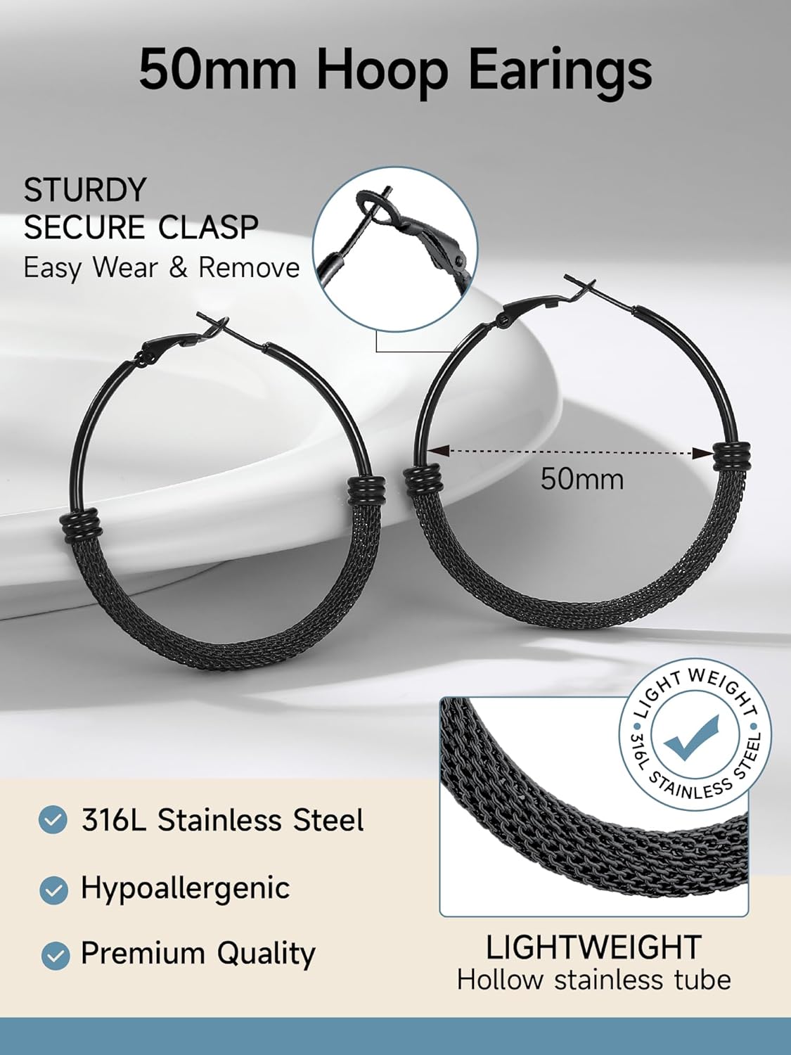 PROSTEEL 30/40/60/80/100mm Chunky Hoop Earrings For Women Gold Plated/Black Stainless Steel Hoops Earrings Statement Jewelry 50MM 3. Black image 4 of 6 B0FHWNLWWX