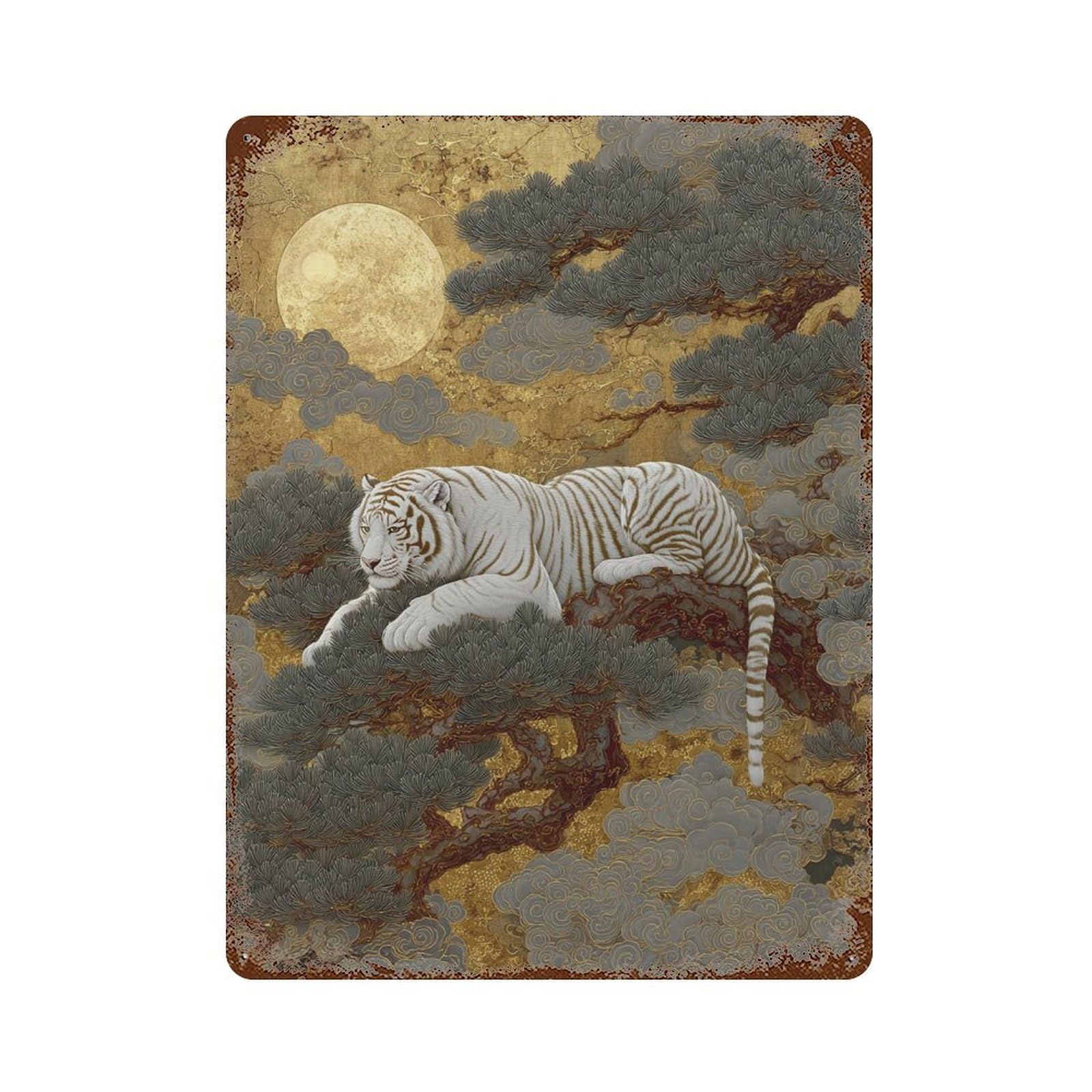 Rust Effect White Tiger Moonlit Forest Art Print Distressed Metal Wall Sign 15.7"x11.8", Decorative Metal Wall Art for Living Room, Hallway And Home Decor