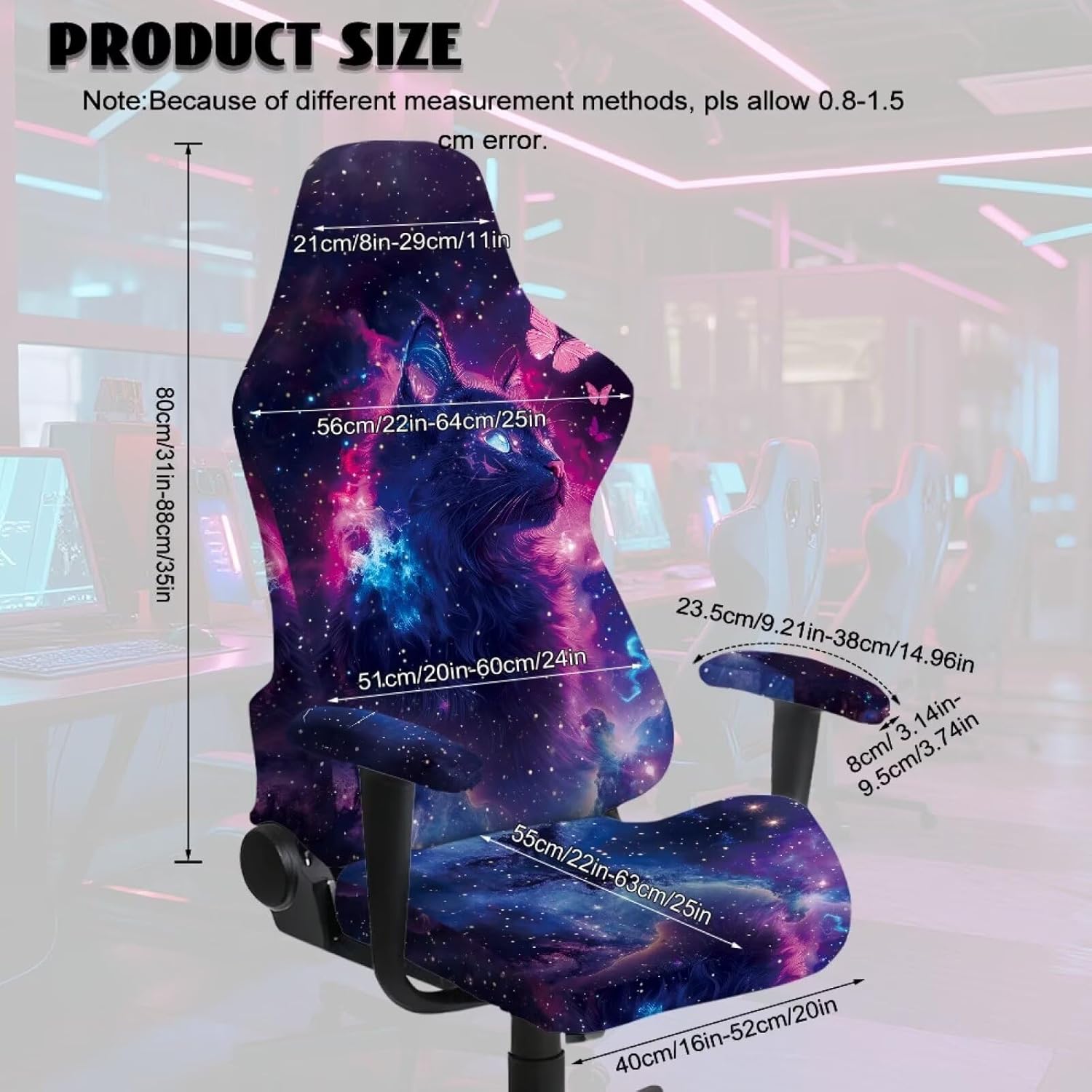 Starry Night Black Cat Gaming Chair Cover 4-Piece Set, Soft Stretch Slipcover with Armrests, Easy Install Removable Washable Protector for Cozy Bedroom, Study, or Cat Lover's Office