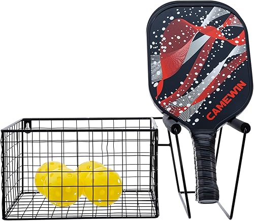 Miniatura 7 de MyGift 16 Inch Wall Mounted Metal Pickleball Paddle Rack and Storage, Hanging Equipment Organizer with Racket Holder and Basket for Balls