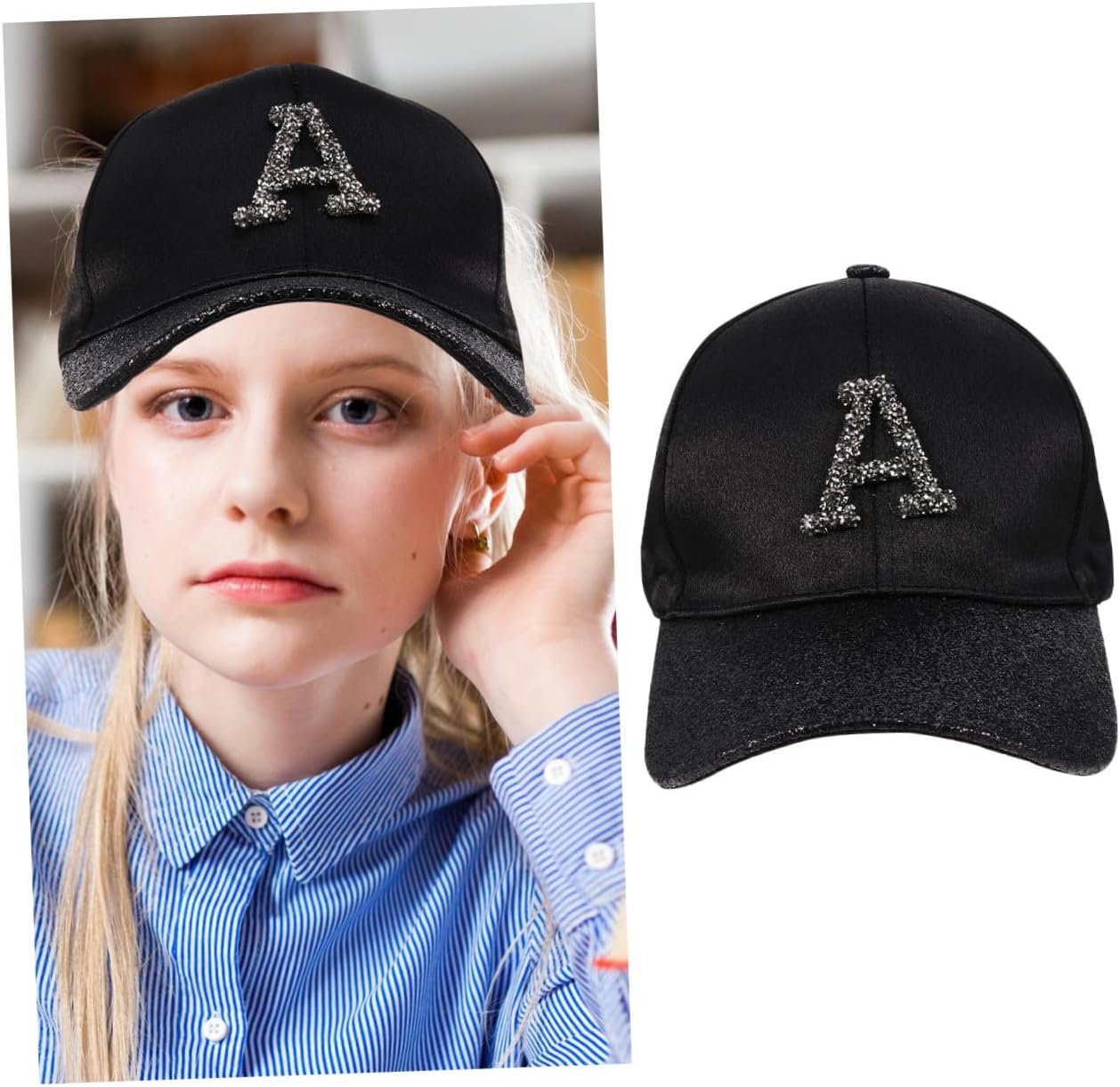 Abaodam Women’s Black Baseball Cap Sparkling Rhinestone Letters, Summer Sun Hat, Casual Peaked Cap for Outdoor and Daily Wear