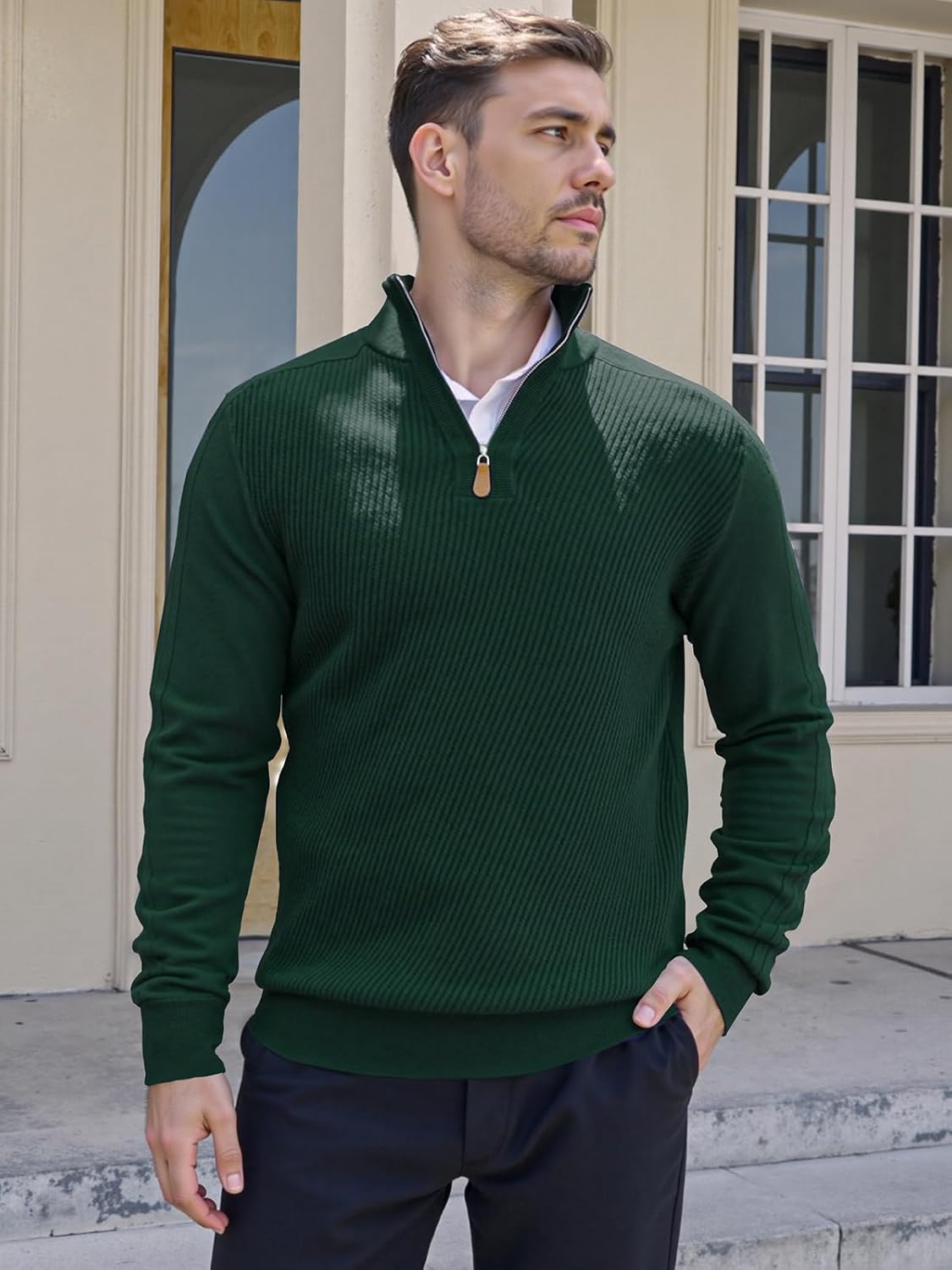 Mens Quarter Zip Pullover Sweater Slim Fit Long Sleeve Knit Lightweight Mock Neck Casual Polo Sweater - Image 2