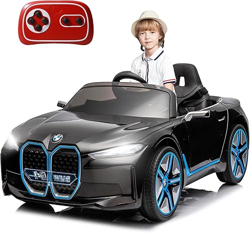 BMW I4 - Vehículo eléctrico con licencia para niños con control remoto, batería de 12 V, vehículos para niños pequeños, 3 velocidades, Bluetooth,