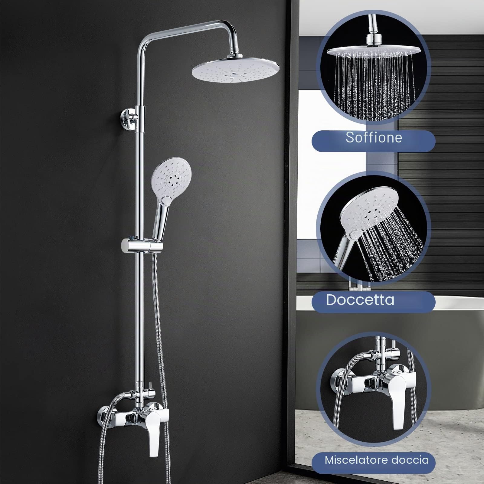 kisimixer Colonna Doccia con Miscelatore Doccia Monocomando, Set Doccia Completo Acciaio Inox con Soffione e Doccetta, Saliscendi Doccia Altezza Regolabile 80-120cm, Sistemi Doccia Cromato