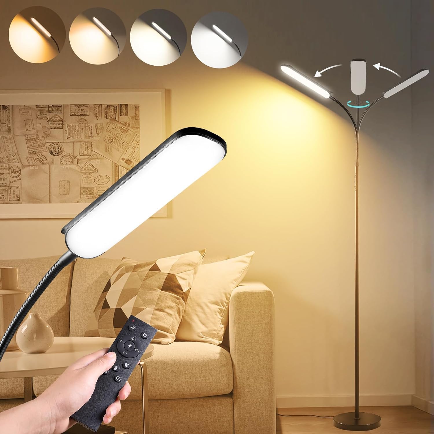 LED Uplighter Floor Lamp Adjust freely, 18W 1800LM Dimmable Floor Standing Lamp with Remote & Touch Control