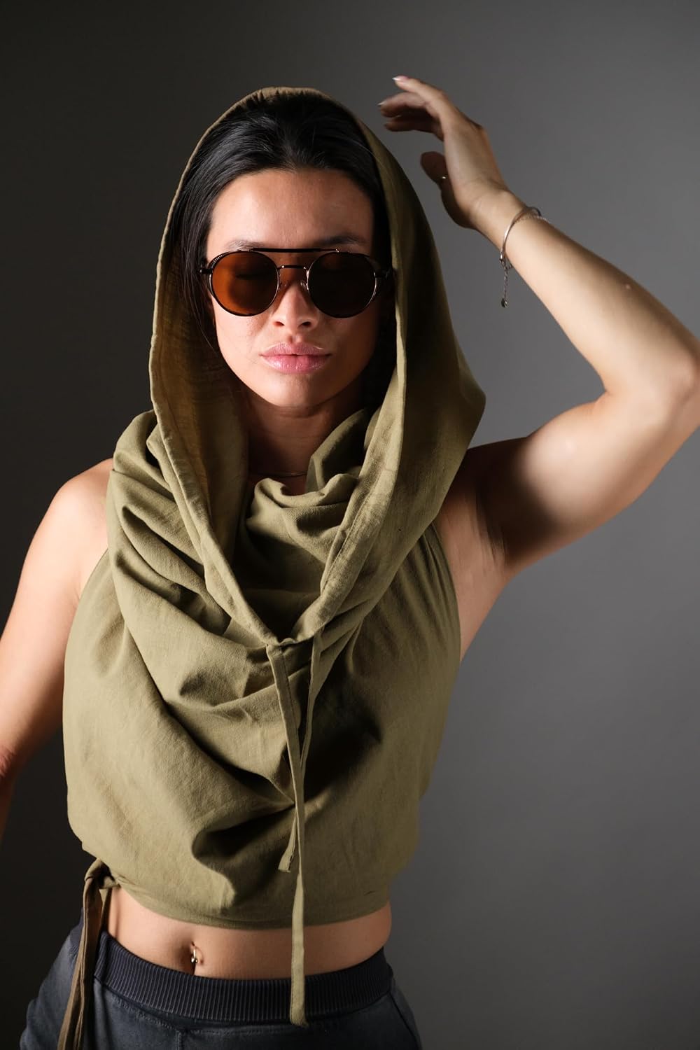 Dune Style Festival Boho Beach Cover Up Women’s Hooded Hood Tie up Forrest Pixie Halter Crop Top One Size