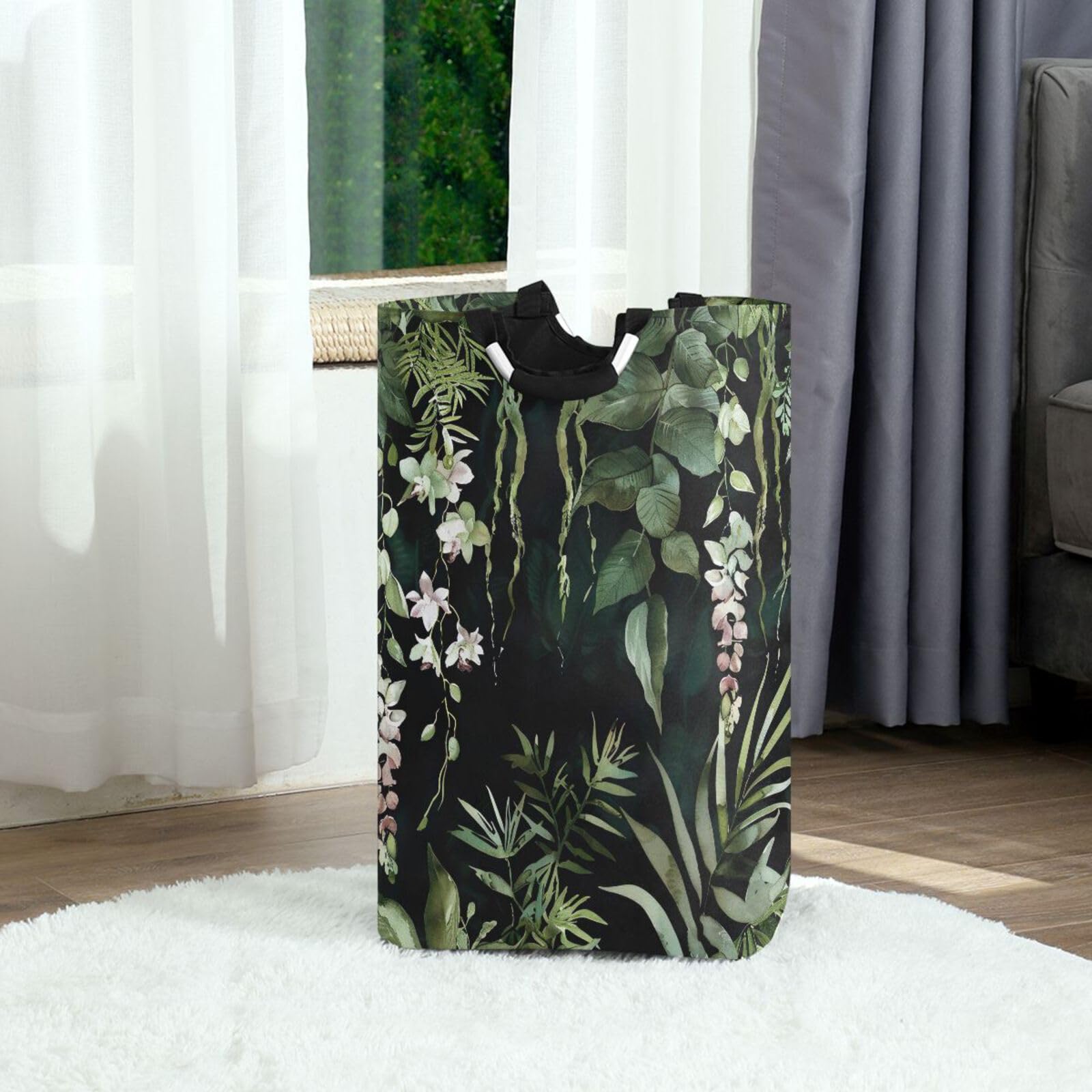 Jihqo Laundry Hamper Basket Tropical Plant Leaf Collapsible Nursery Storage Bin Waterproof Clothing Baskets for Home Bedroom Bathroom Washing Room