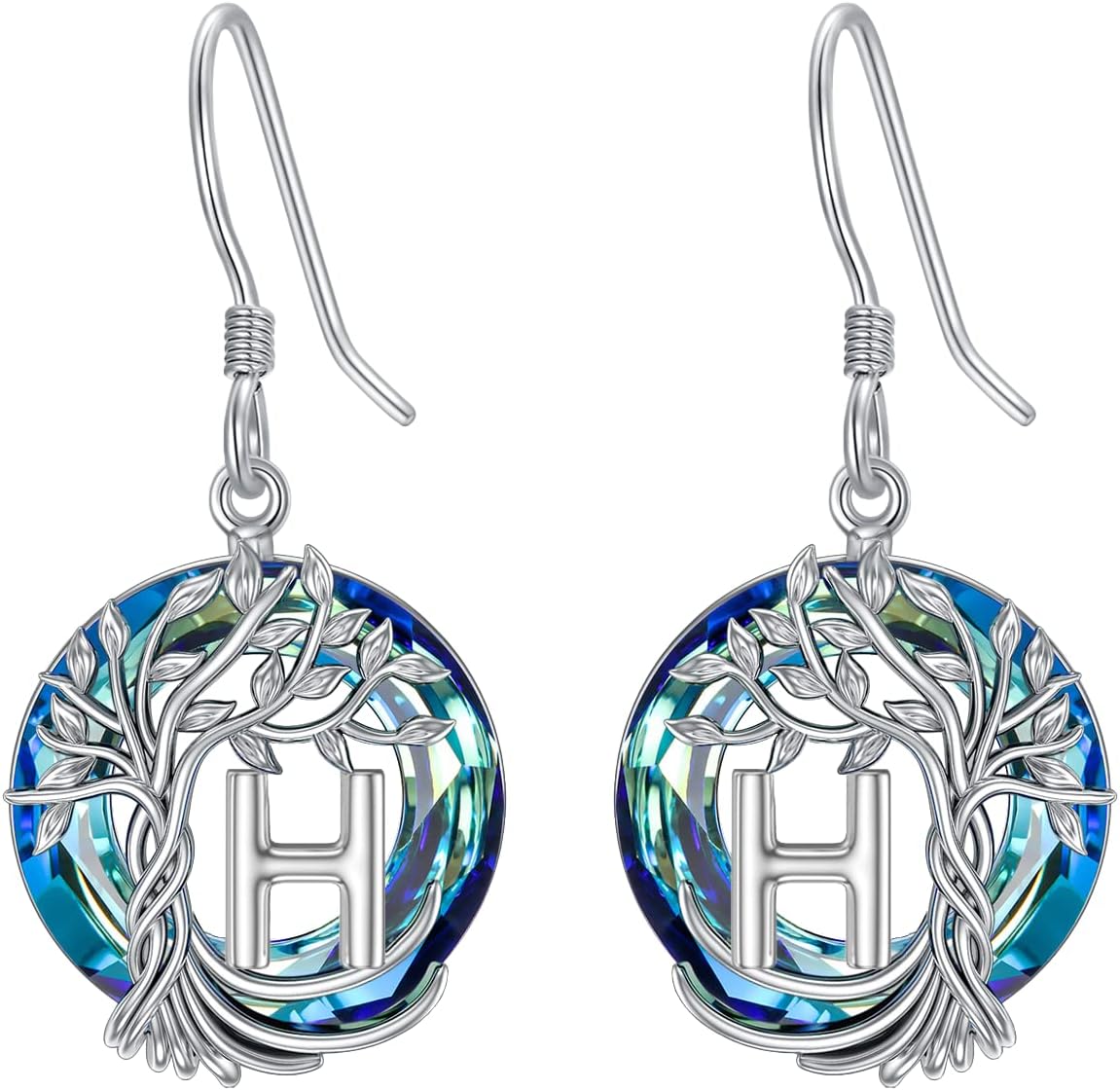 TOUPOP Tree of Life Initial Earrings 925 Sterling Silver A-Z Letter Drop Dangle Earrings Austrian Crystal Jewelry Birthday Gifts for Women Wife Mom