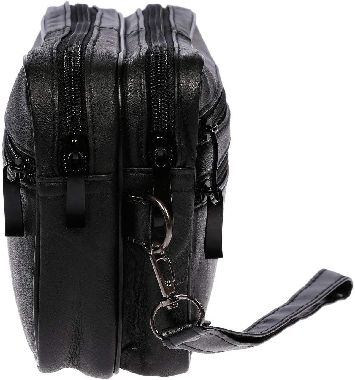Pochette Sacoche Homme Cuir Noir Agneau Veritable 2 Zips (22x14 cm, Noir)