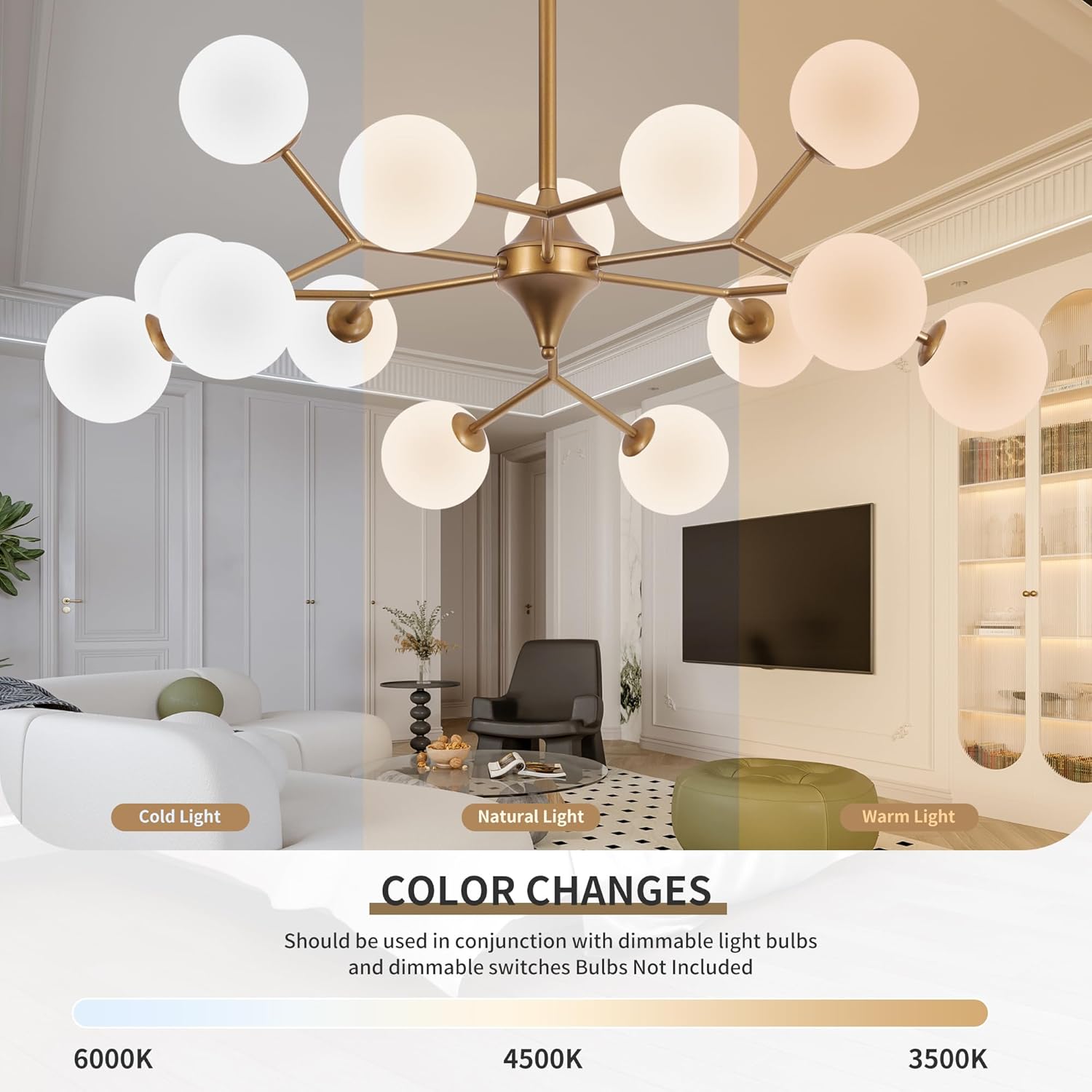 COCOSTAR Reddish Sand Gold Dining Room Chandelier, 15 Lights Mid Century Modern Sputnik Chandelier for Kitchen Island Living Room Bedroom, Ceiling Light Fixture Over Table, G9 Base