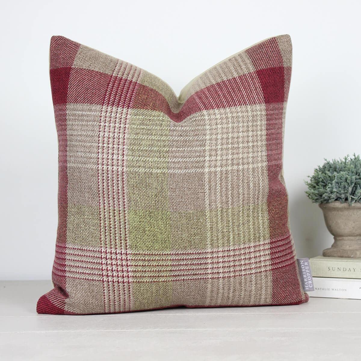 Harrison Cropper Red/Green/Cream Katrine Sage & Tartan Square Cushion (18", Feather Filled)