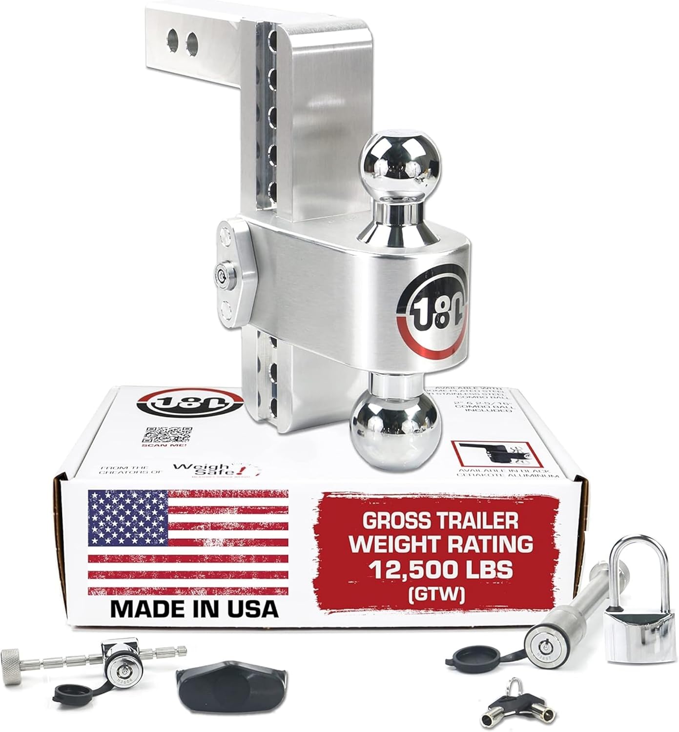 Weigh Safe Adjustable Trailer Hitch Ball Mount, 8" Adjustable Drop Hitch for 2" Receiver w/ 4 pc Keyed Alike Lock Set, Heavy Duty Aluminum Trailer Tow Hitch w/Chrome Plated Tow Balls, 12,500 lbs GTW