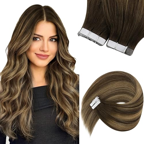 Sunny Hair Extensiones de cabello humano con cinta adhesiva, color marrón, balayage, invisible, color marrón, degradado, rubio caramelo, mezcla de