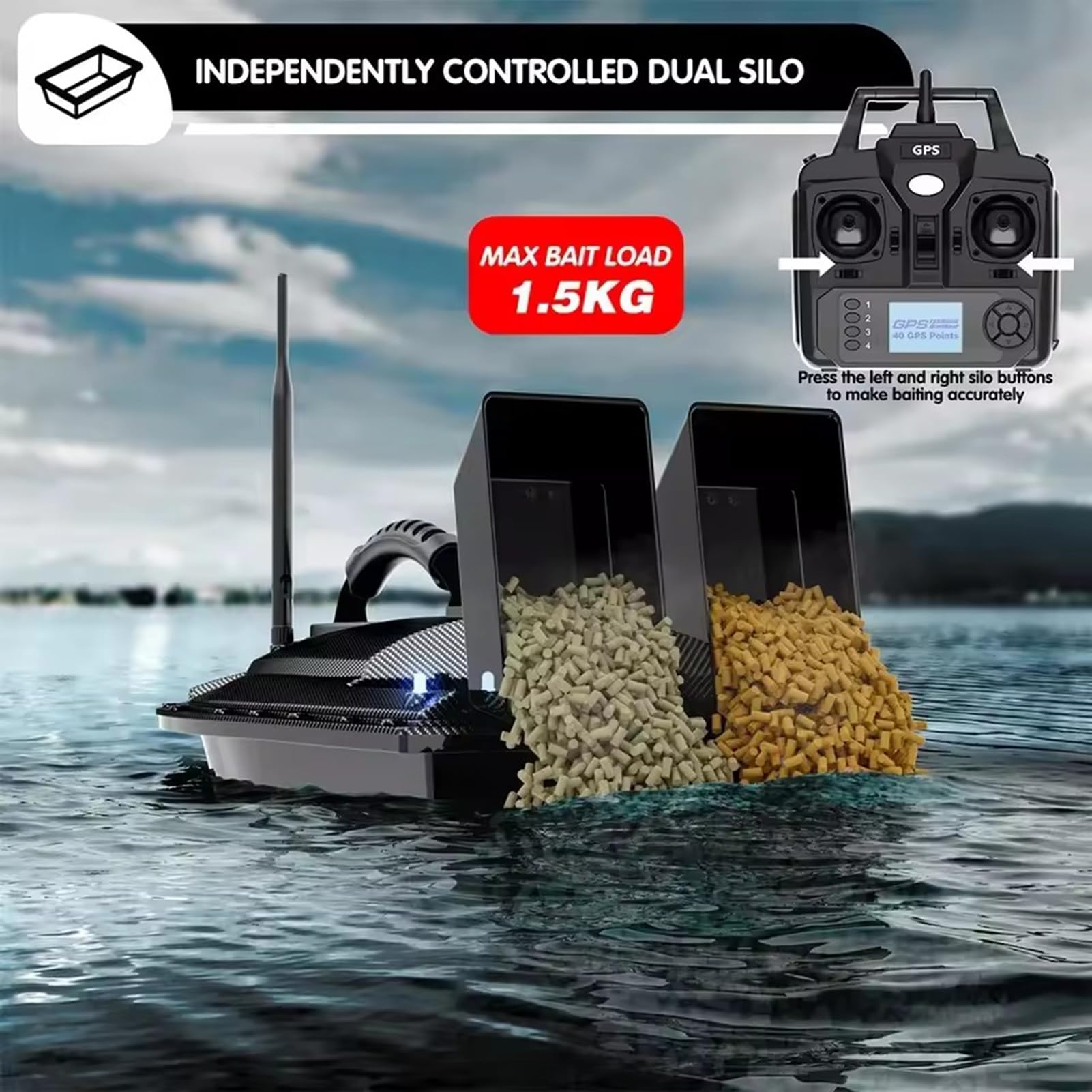 Barco de Cebo RC de 500 m con Control Remoto, GPS, posicionamiento de 40 Puntos, 2 tolvas, Carga de 1,5 kg, Retorno automático, para Pesca de Surf.