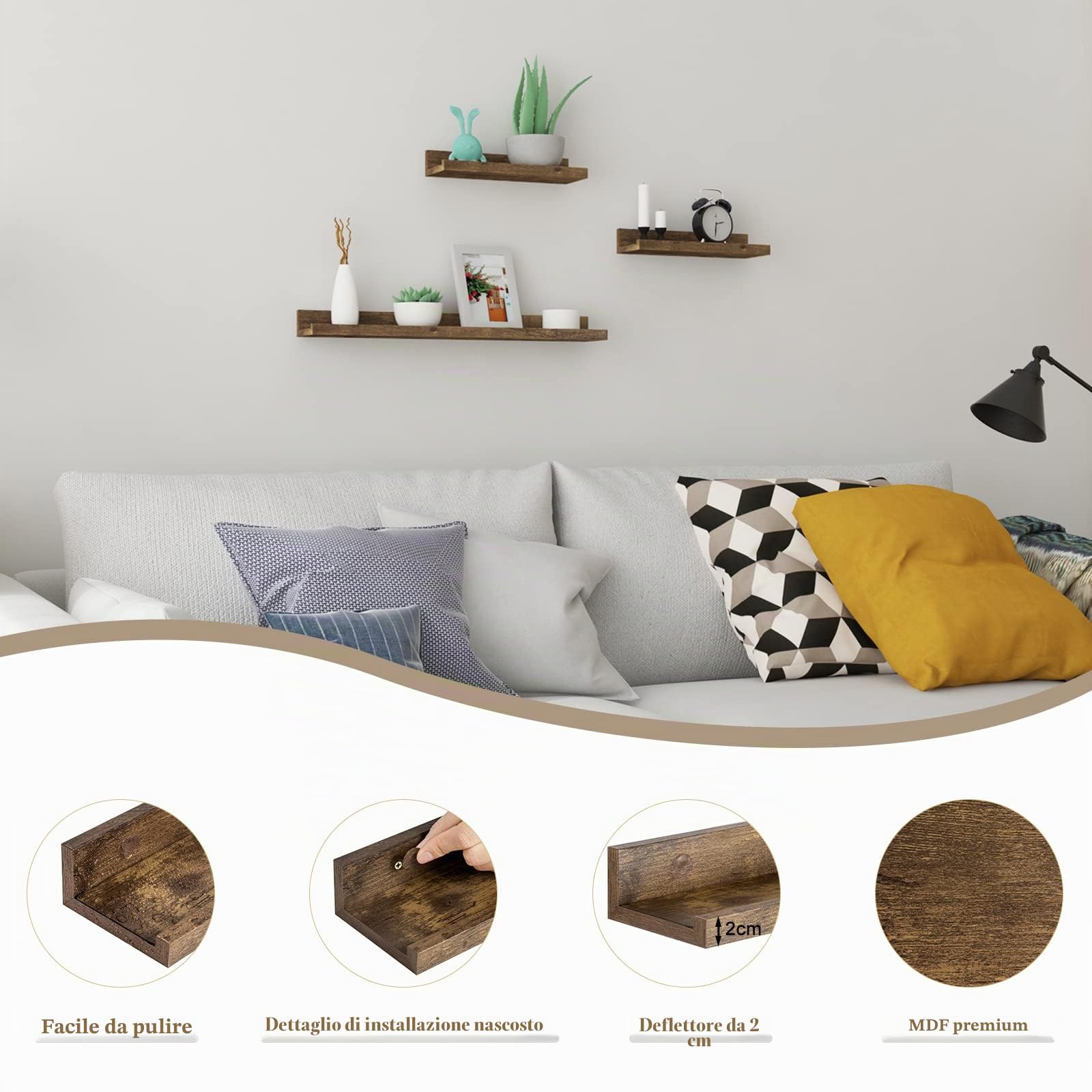 WOLTU Set di 6 Mensola da Muro, Mensola Sospesa, Scaffale da Parete in MDF per Soggiorno, Cucina, Camera da Letto, Ufficio, vintage, marrone, RG9491hov-2
