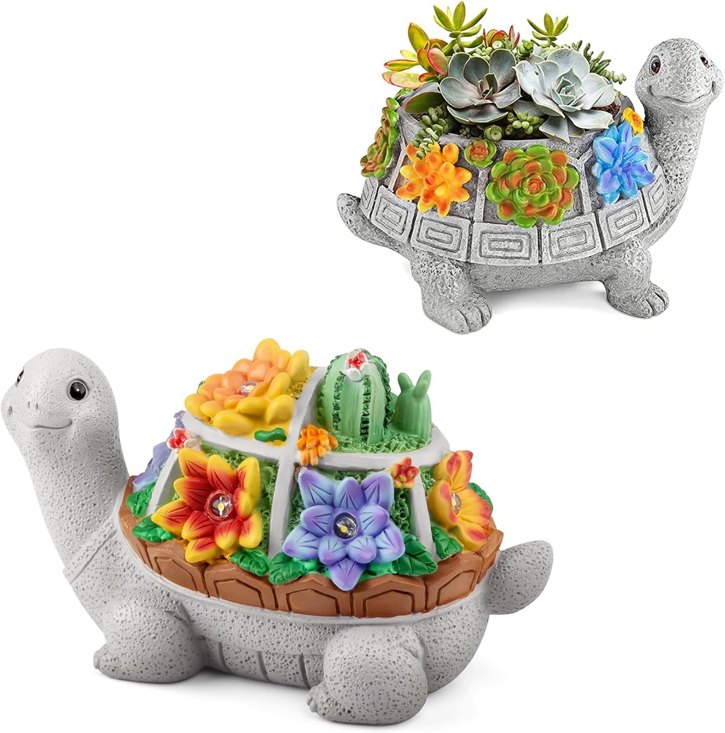 2 Pcs Garden Turtle Decor, Turtle Succulent Pot + Solar Garden Statue with Lights Value Bundle Promo Gift for Turtle Lover
