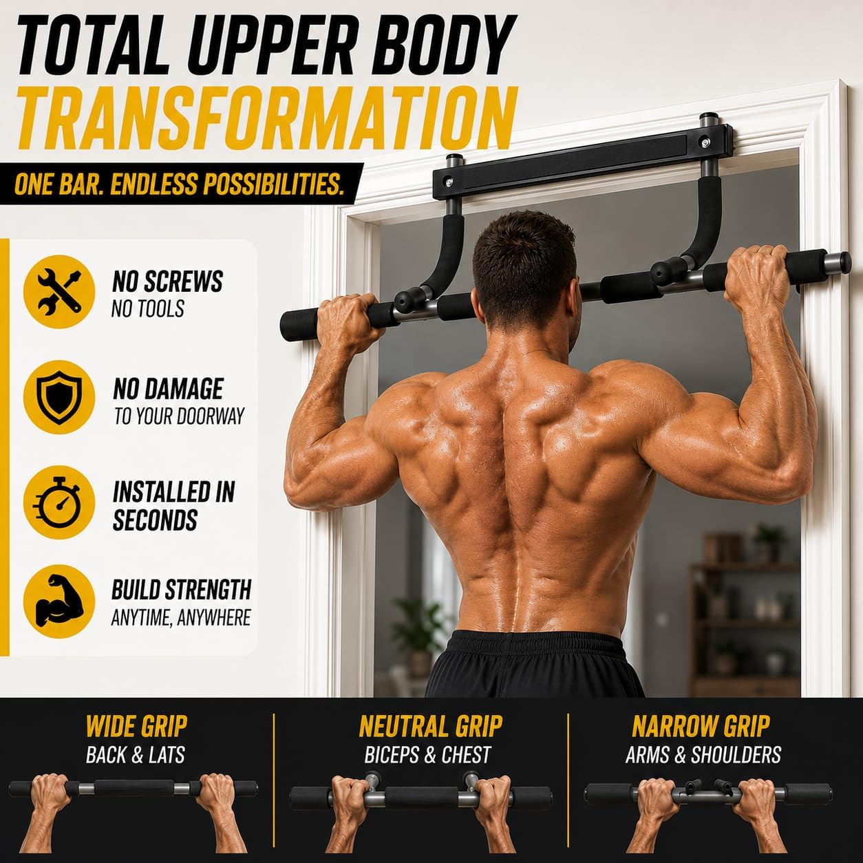 Pull Up Bar for Doorway, Heavy Duty Doorway Pull Up Bar 440 LBS, Multi-Grip Chin Up Bar for Home Gym, Upper Body Strength Training Workout Bar
