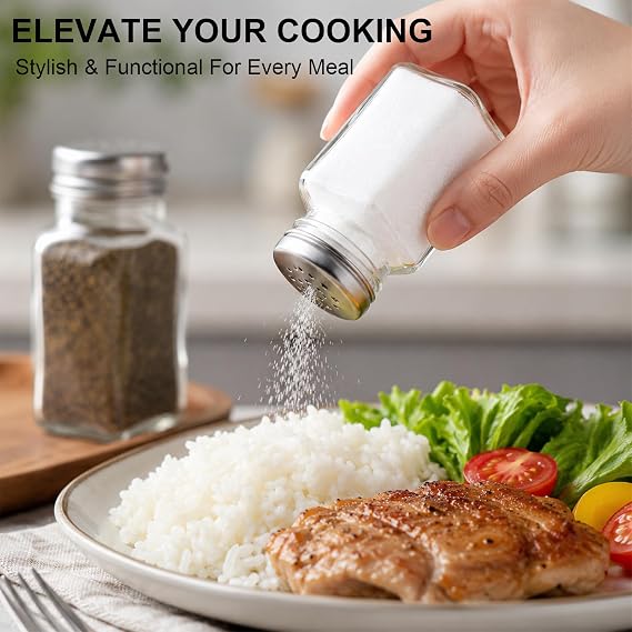 2Pcs Glass Salt & Pepper Shakers, Classic Clear Cruet Dispenser Bottles with Stainless Steel Lids, Perfect for Organizing and Dispensing Spices, Kitchen Gadgets, Vintage Kitchen Decor for Home