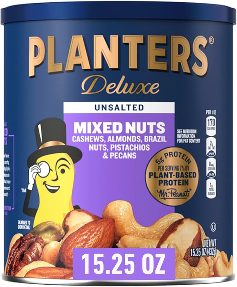 PLANTERS Unsalted Mixed Nuts, Cashews, Pistachios, Almonds, Brazil Nuts, and Pecans, Plant-Based Protein Snacks, 15.25 oz Canister