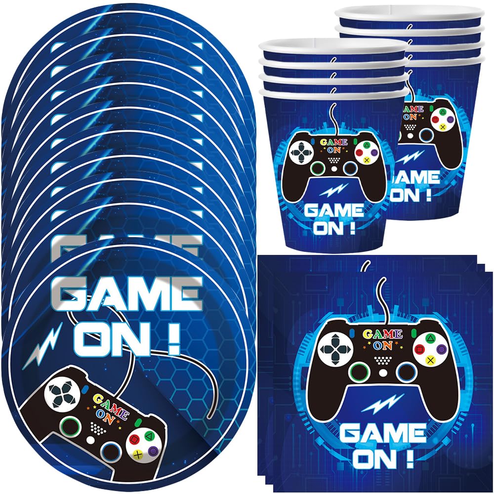 YGCHEN Jeu vidéo - Vaisselle de fête pour anniversaire d'enfant - Jeu de vaisselle - Gobelets en carton - Assiettes en carton - Serviettes de table - Décoration d'anniversaire pour 10 personnes - Bleu