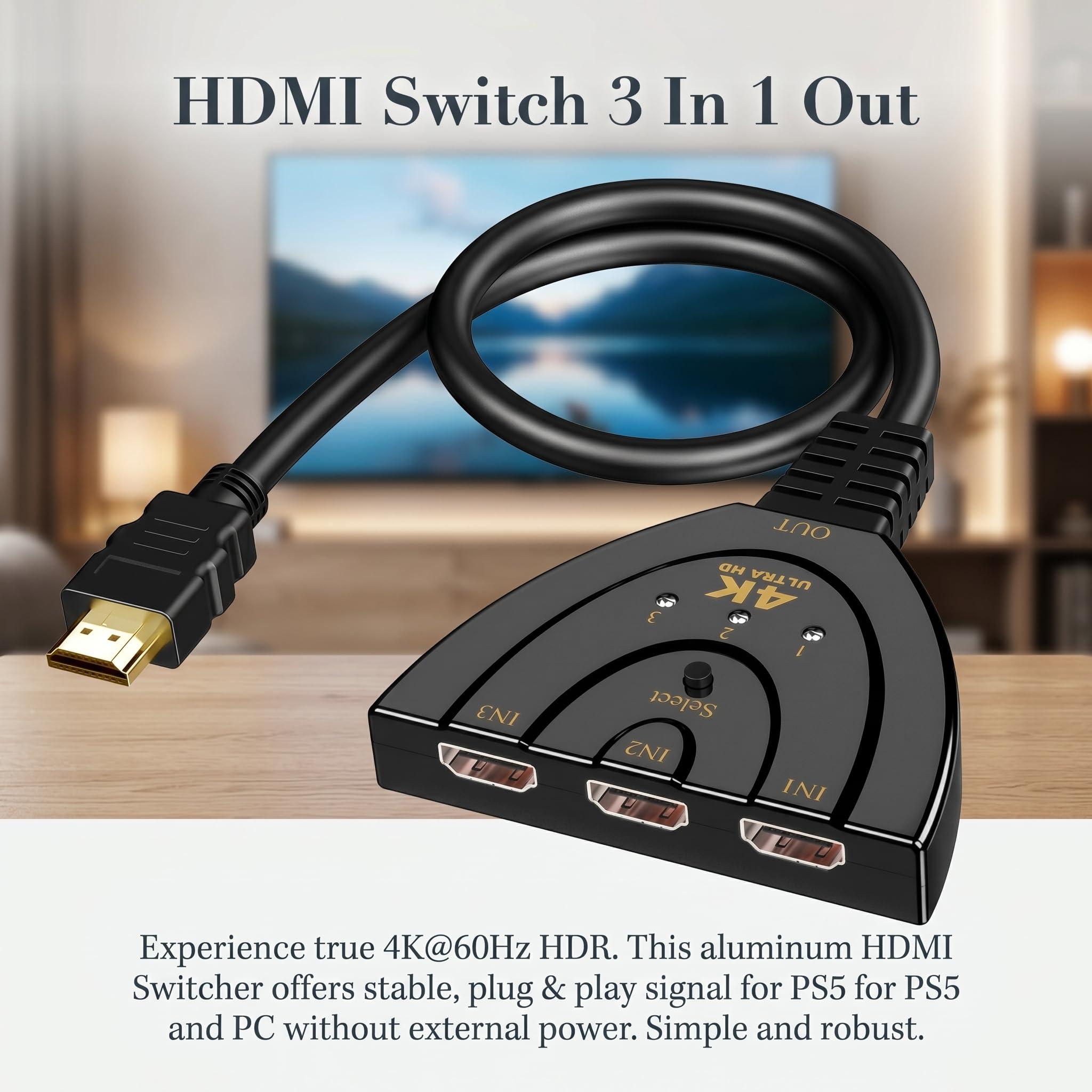 Ruvan Switch HDMI 4K, Multiprise HDMI 3 Entrées 1 Sortie avec, Commutateur HDMI Automatique Ultra HD 1080P 3D HDR, Multi HDMI pour TV, PS5, PS4, Blu-Ray, PC