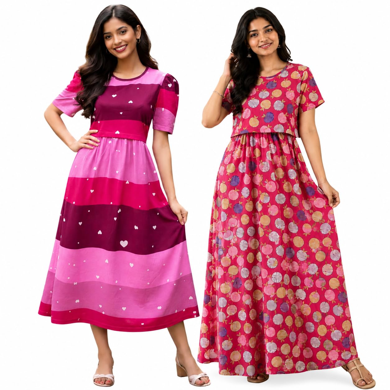 RENIS.Store Women's 100% Cotton Zipless Feeding Maternity Nighty Pack of 2 | Pull Up Nighty | Soft Pregnancy & Feeding Wear, Back Tie with Side Pocket | Pink Stripe_Pink Apple | Size-M-image-30