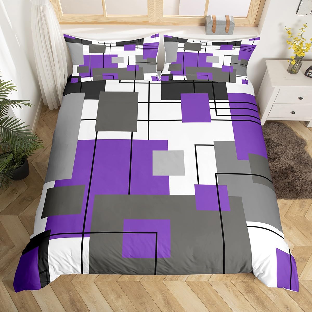Homewish Black White Grey Purple Bedding Set Double Geometric Square Comforter Cover for Kids Adults Modern Stripes Duvet Cover Abstract Line Bed Set 2 Pillow Cases Bedroom Decor
