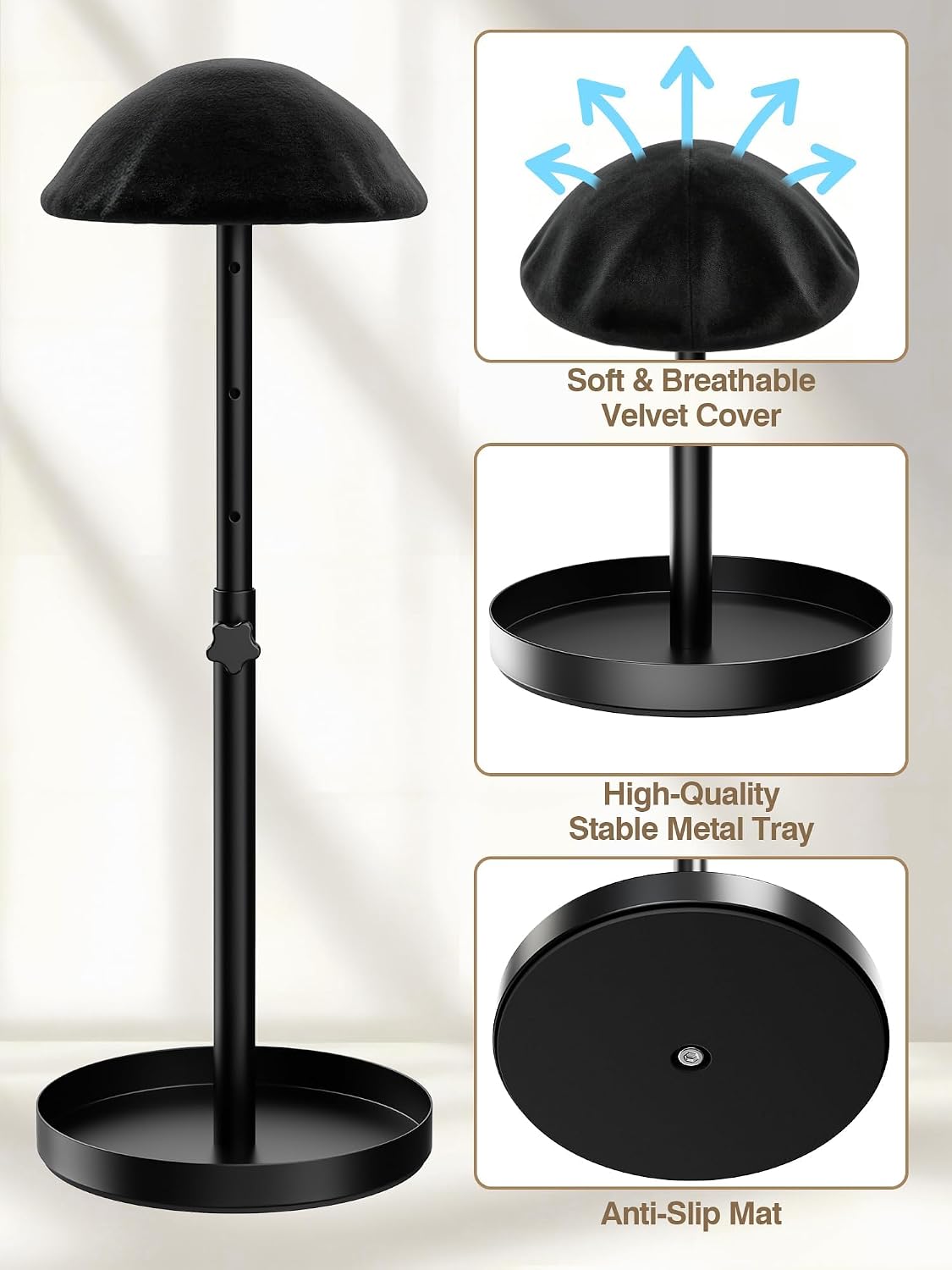 1 Pack Adjustable Height Metal Wig Stand with Storage Tray, for Long Wigs
