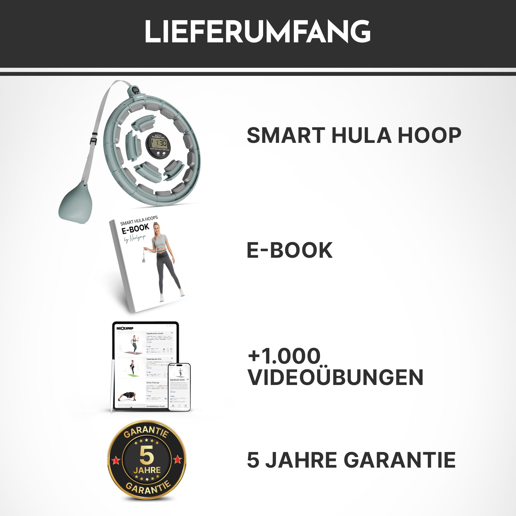 NEOLYMP Smart Hula Hoop Reifen Erwachsene – Hula Hoop leise mit integriertem Tracking für Zeit, Umdrehungen und Kalorien – Fitness Ring verstellbar 29–40 cm klick-System, Home Gym Gymnastikreifen