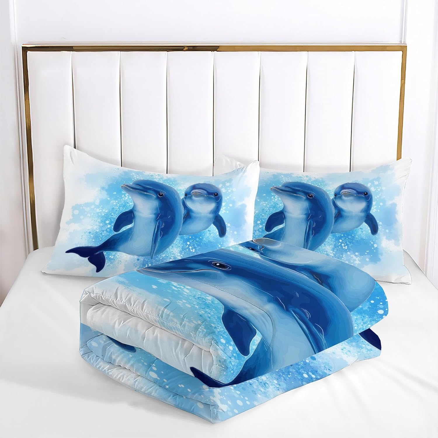 Cute Animals Comforter Set Queen Size, Smiling Dolphin Print Breathable Bedding Set for Girls Boys Teens, Blue Quilt Duvet with 2 Pillow Cases
