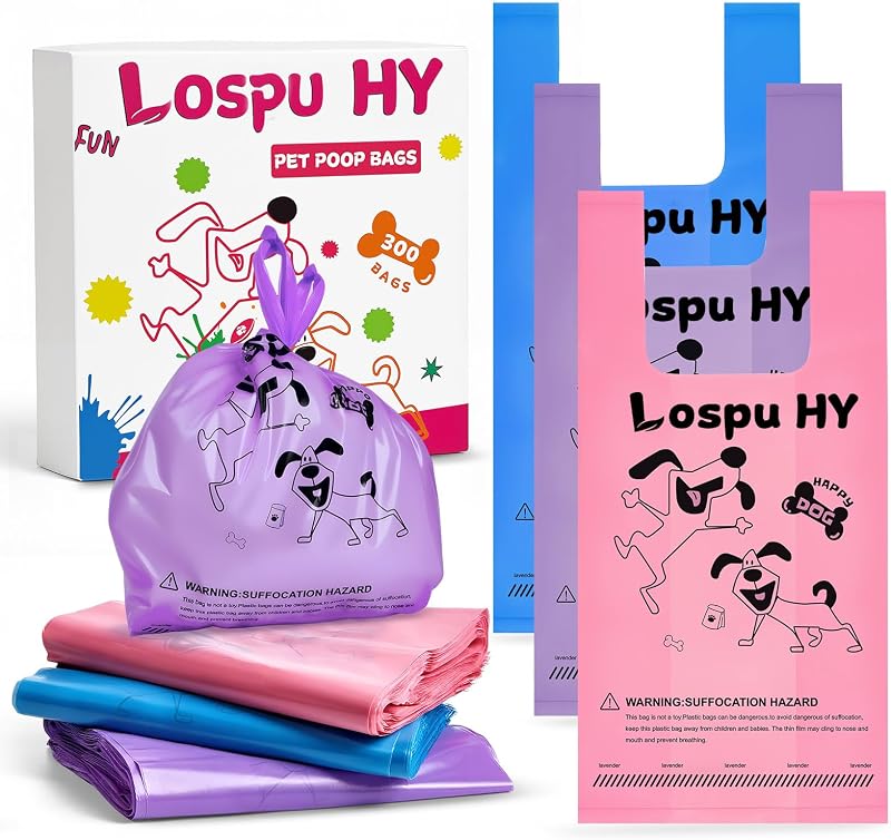 Bolsas para Fezes de Cães com Alças, Extra Largas e Resistentes com Aroma de Lavanda Lospu HY — Pacote com 300