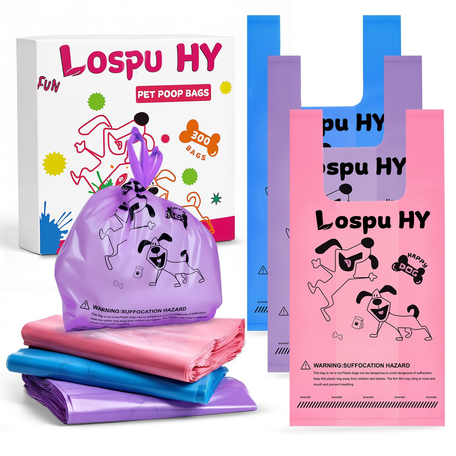 Poop Bags for Dogs, 300 Count Extra Wide Easy Tie Dog Poop Bags with Handles, Extra Thick Leak Proof Pet Waste Bag for Puppy Walking and Cat Litters Cleaning, Lavender Scented