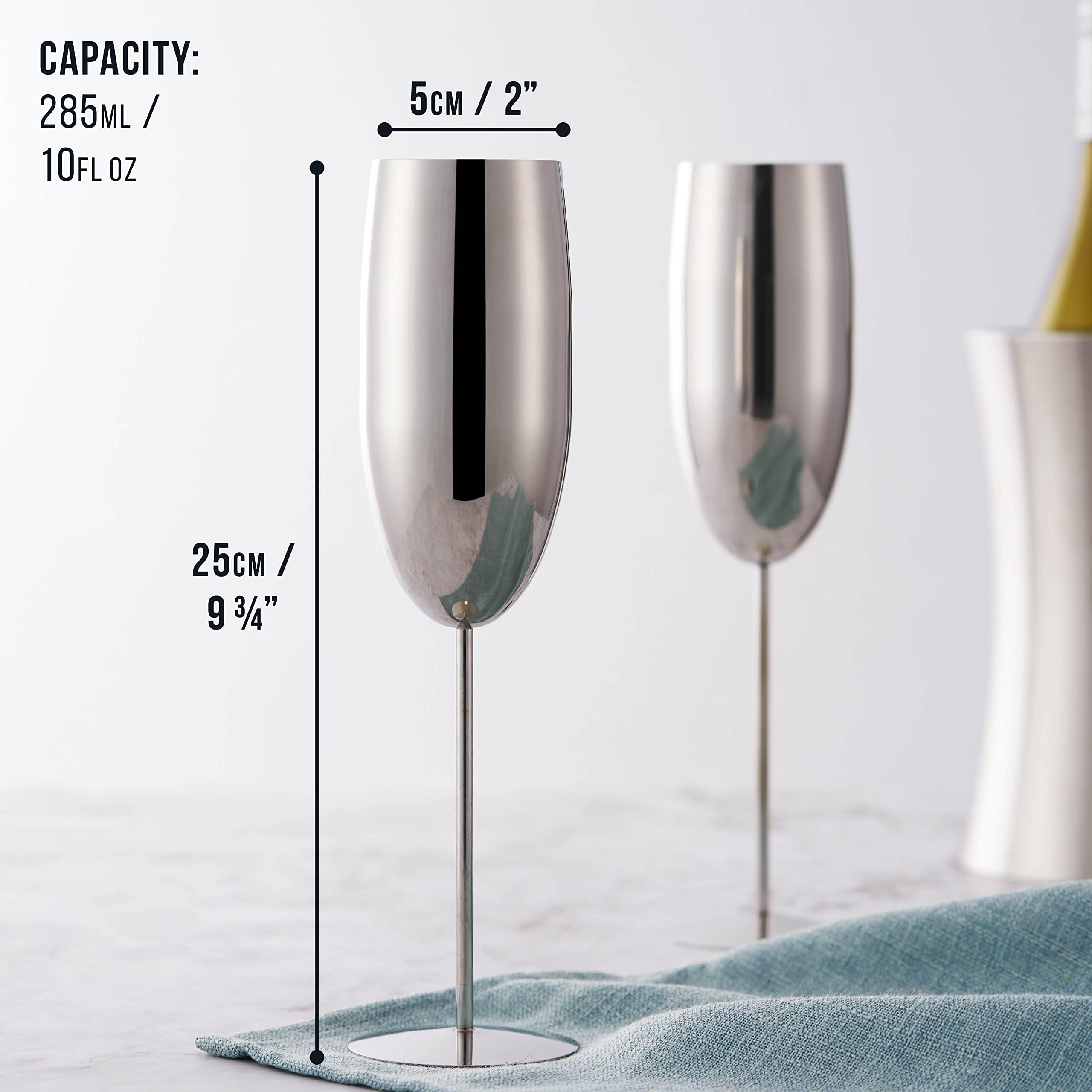 Oak & Steel 6 Silberne Champagner Gläser aus Edelstahl (280ml) - Bruchsichere Sektgläser/Prosecco Gläser mit Geschenkbox
