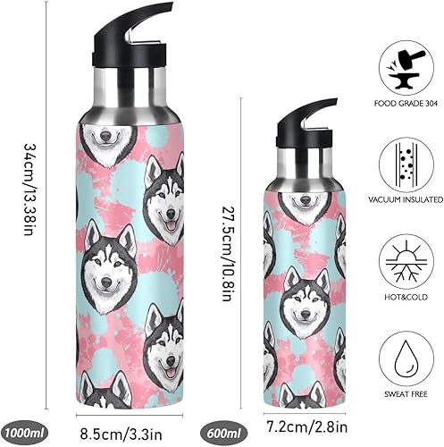 Miniatura 2 de Black White Husky Dog Insulated Stainless Steel Water Bottle with Straw 20 Oz, BPA-Free Sport Water Bottle Insulated Leakproof Water Bottles