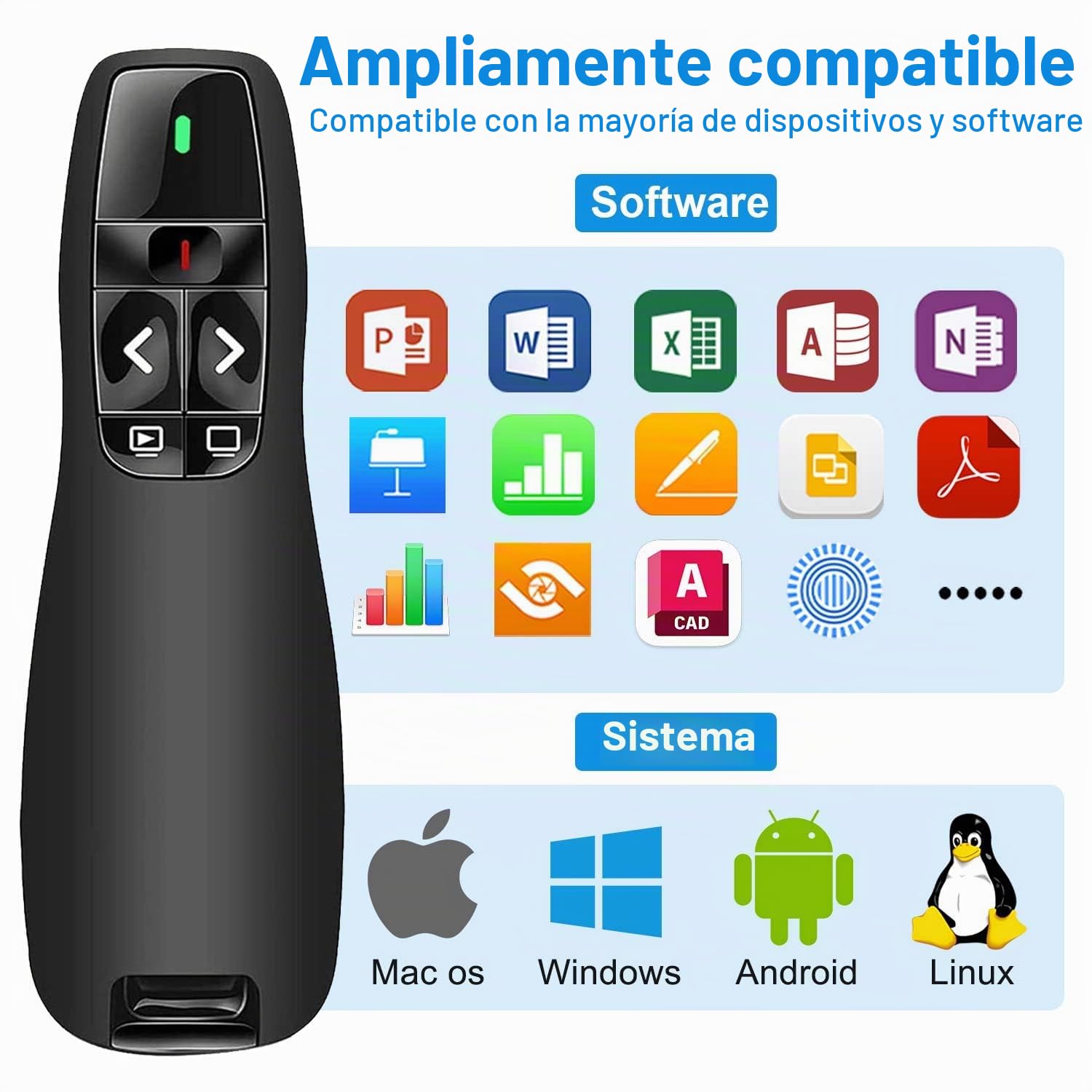 Ergonómico Pasador Diapositivas Mando Ordenador Powerpoint, 2,4GHz Presentador Inalambrico Mando Presentaciones USB Distancia Puntero Powerpoint Remote Presenter para Computadora Windows Mac