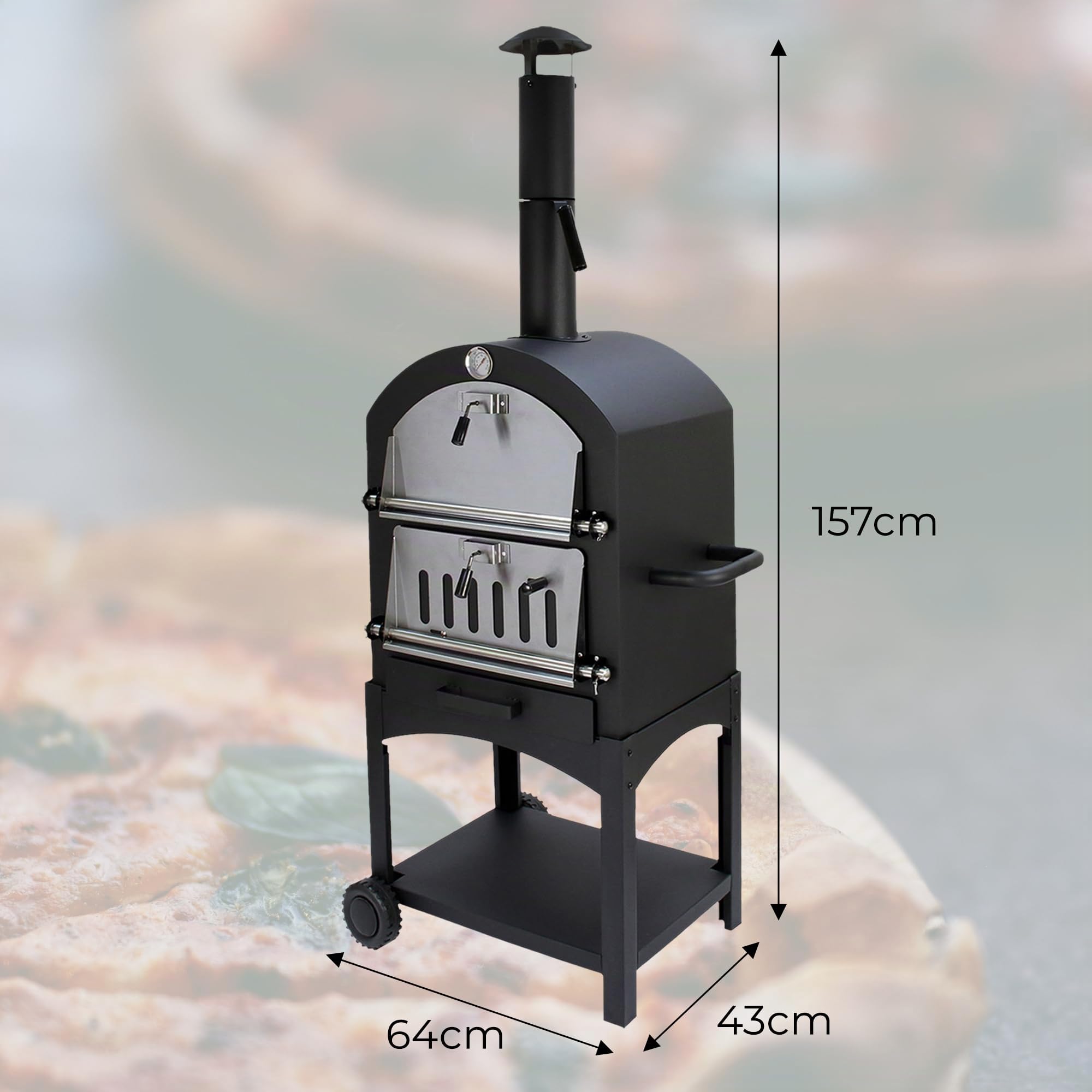 Horno Pizza Carbón Portátil Exterior Profesional Comercial Máquina de Cocinar Hacer Pizza Barbacoa BBQ Pizza Oven Ahumador Parrilla Grill Ahumar Carne Pescado Verduras con Pala Cortador+Piedra GRATIS