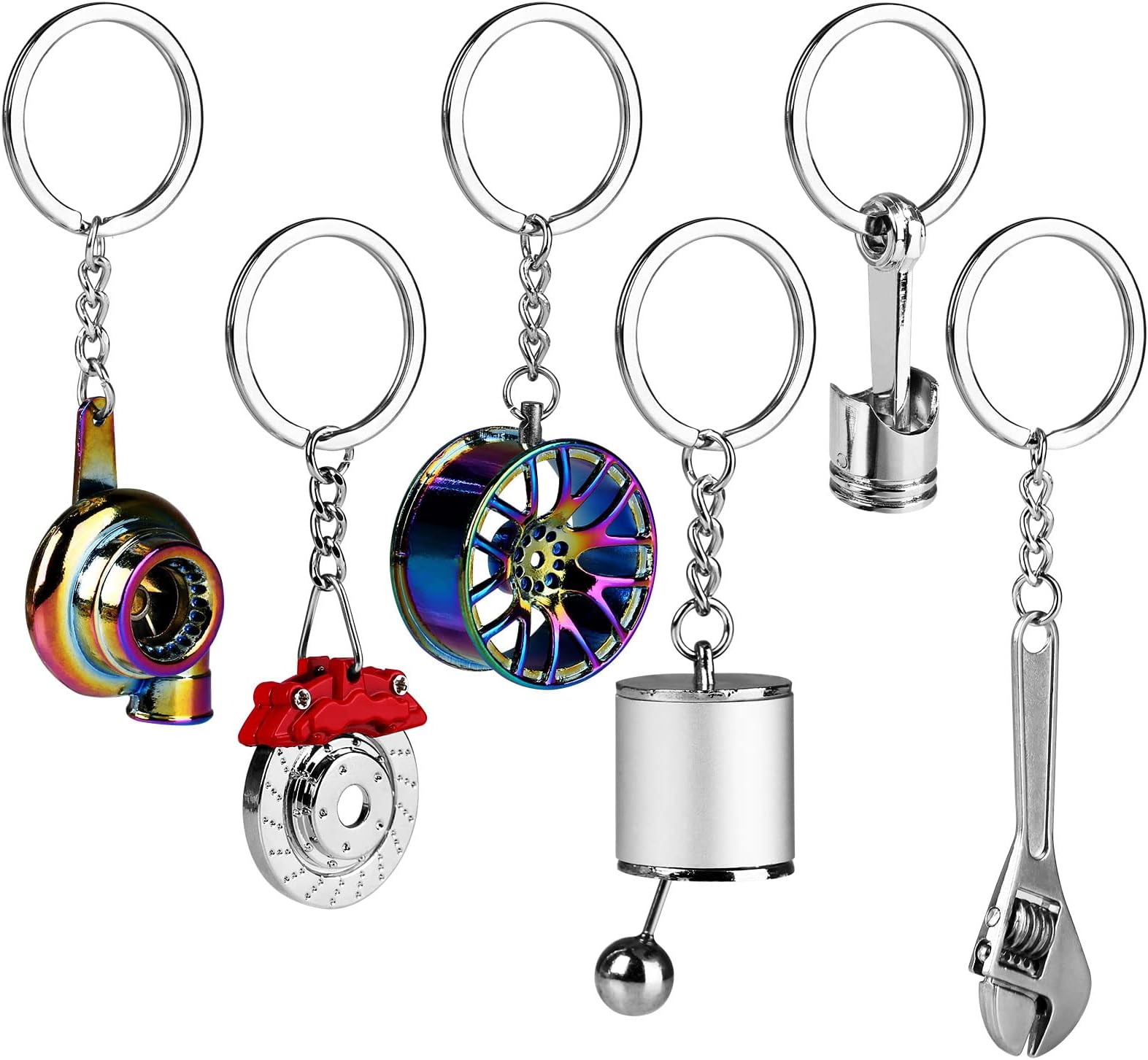 HNYYZL 6Pcs Auto Parts Metal Key Chain,Turbo,Manual Shift Box,Brake Rotor, Wheel Tire Rim, Engine Piston, Wrench Keychain