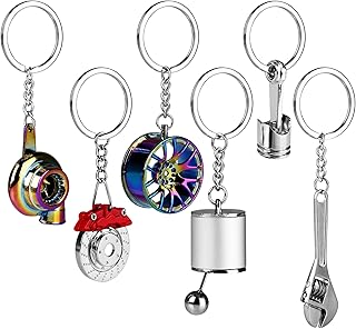 HNYYZL Auto Parts Metal Key Chain, 6 PCS Auto Part Model Keychain Set, Turbo Keychain, Manual Shift Box Keychain, Brake Rotor Keychain, Wheel Tire Rim Keychain, Engine Piston Keychain, Wrench Keychain