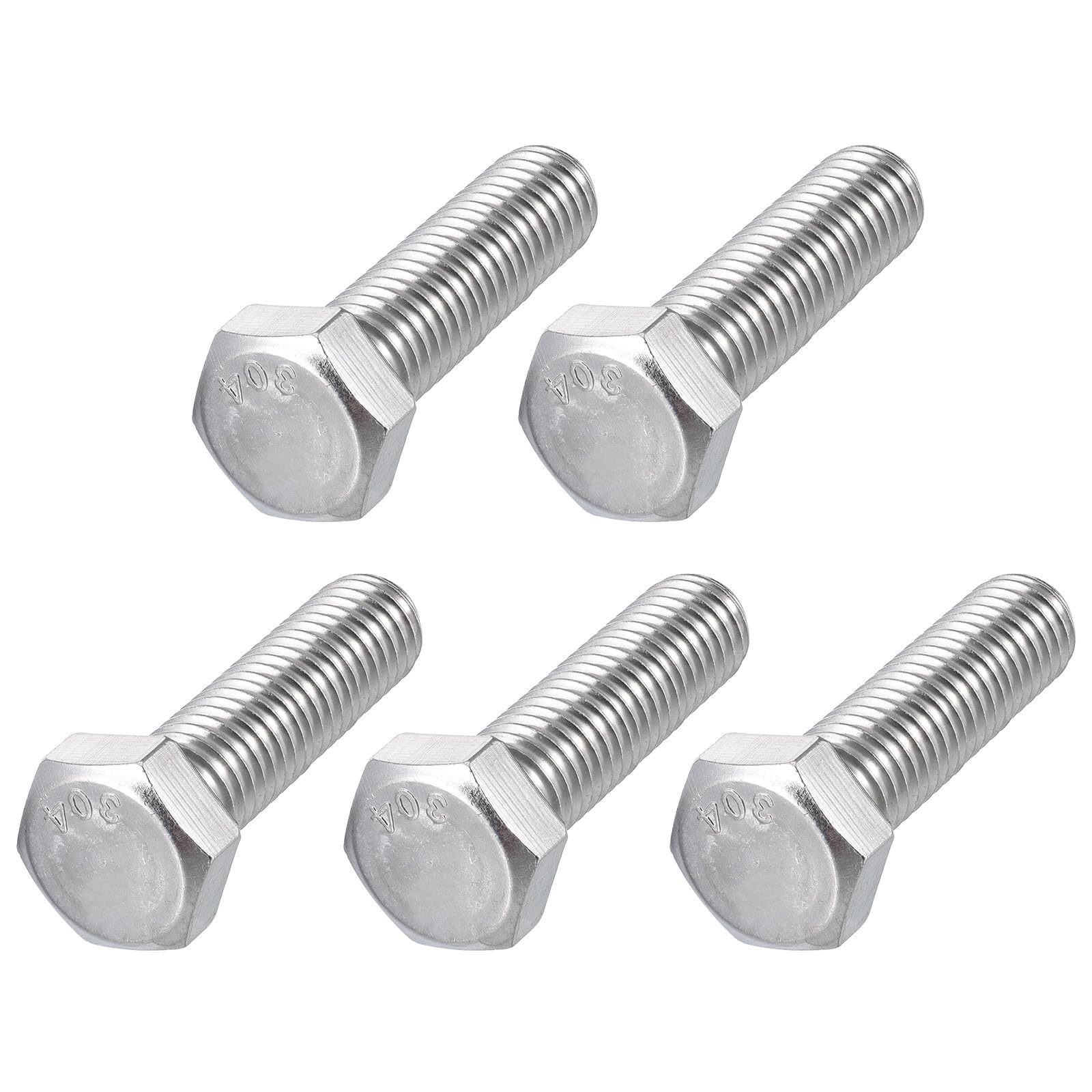 METALLIXITY Hex Head Bolts (1/2-13 x 2") 5Pcs, 304 Stainless Steel 18-8, Fully Threaded, External Hex Drive, Plain Finish