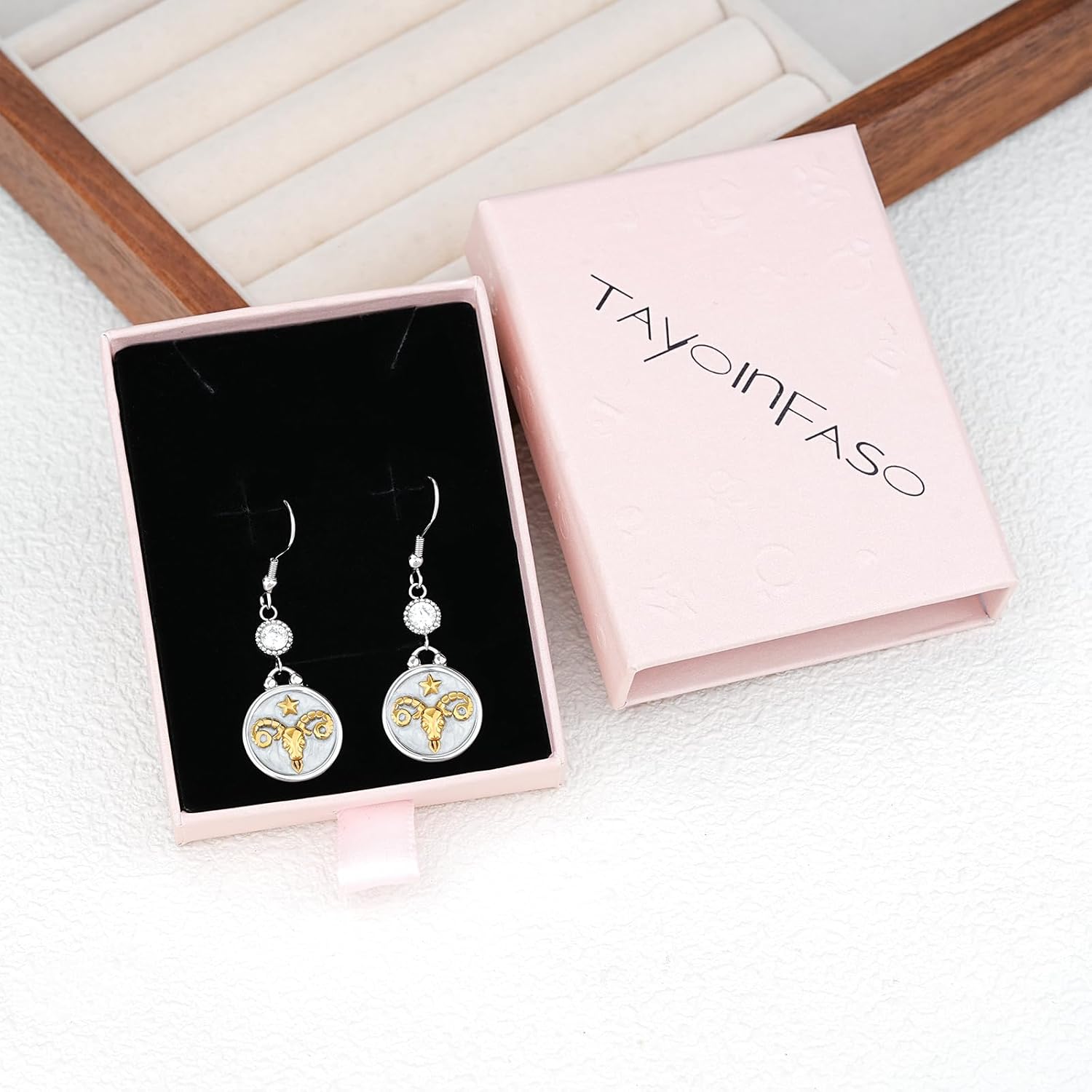 Two Tone 12 Zodiac Earrings Pearly White Enamel Round Disc Constellation Horoscope Dangle Earrings Gold Zodiac Sign Jewelry Birthday Gift for Women - Image 4