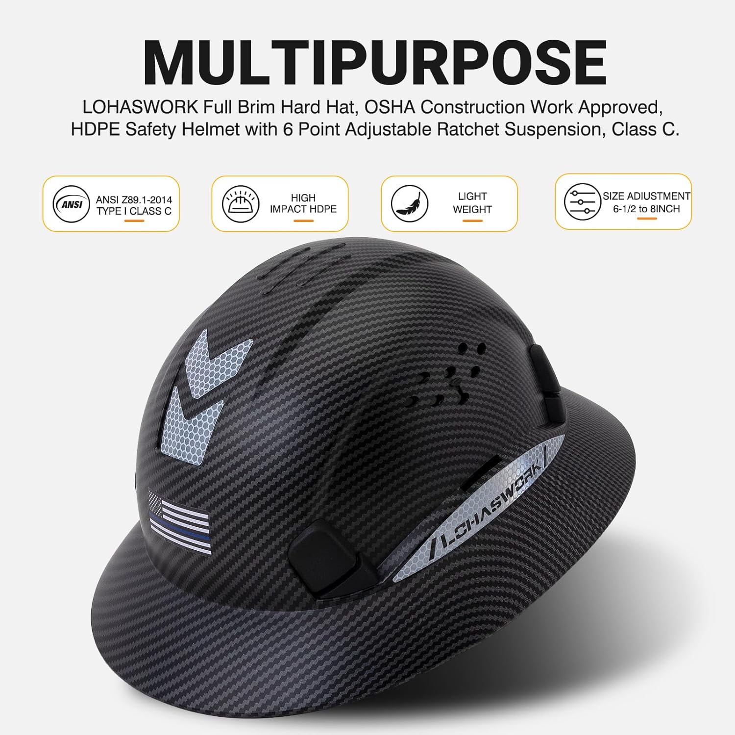 Full Brim Hard Hat, OSHA Construction Work Approved, ABS Safety Helmet with 6 Point Adjustable Ratchet Suspension Industrial Work