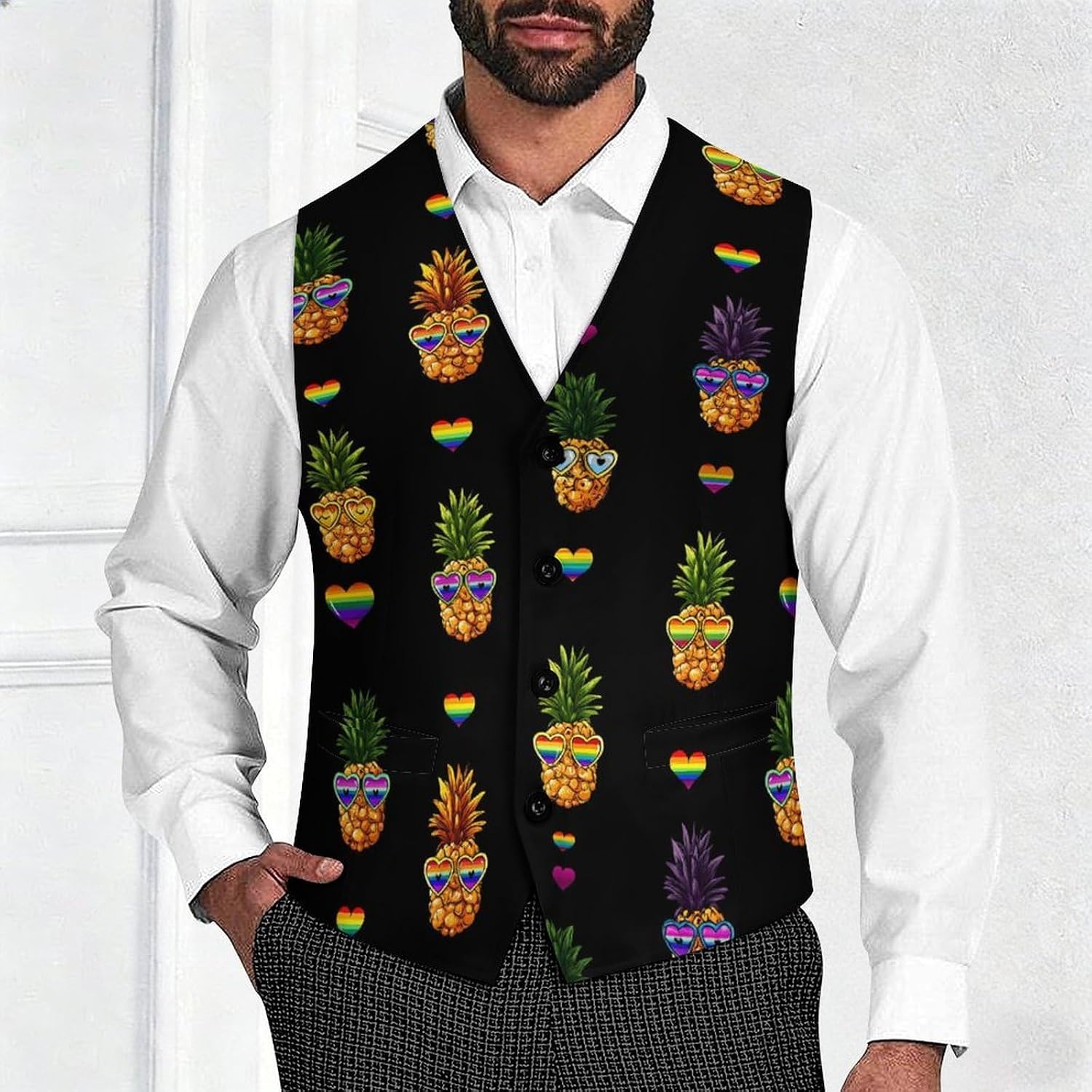 Colorful LGBT Pineapple Men's Suit Vest Formal Vests Casual Dress Fit Waistcoat Casual Tuxedo for Business