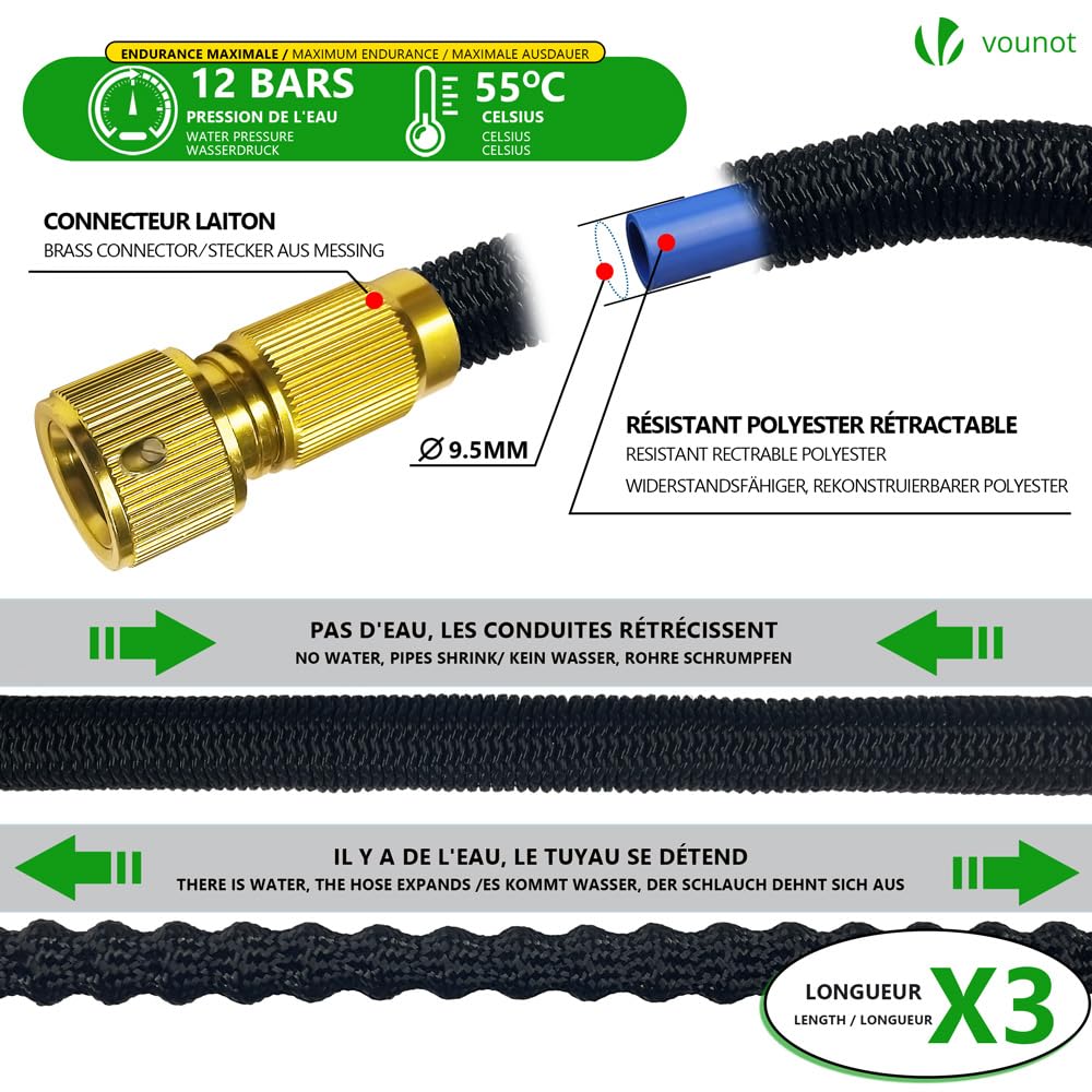 VOUNOT® Manguera Extensible 30m, Manguera Flexible Jardín con Pistola Rociadora de 10 Funciones, Conectores de Latón de 1/2 y 3/4 Pulgadas Bolsa de Almacenamiento, Negro