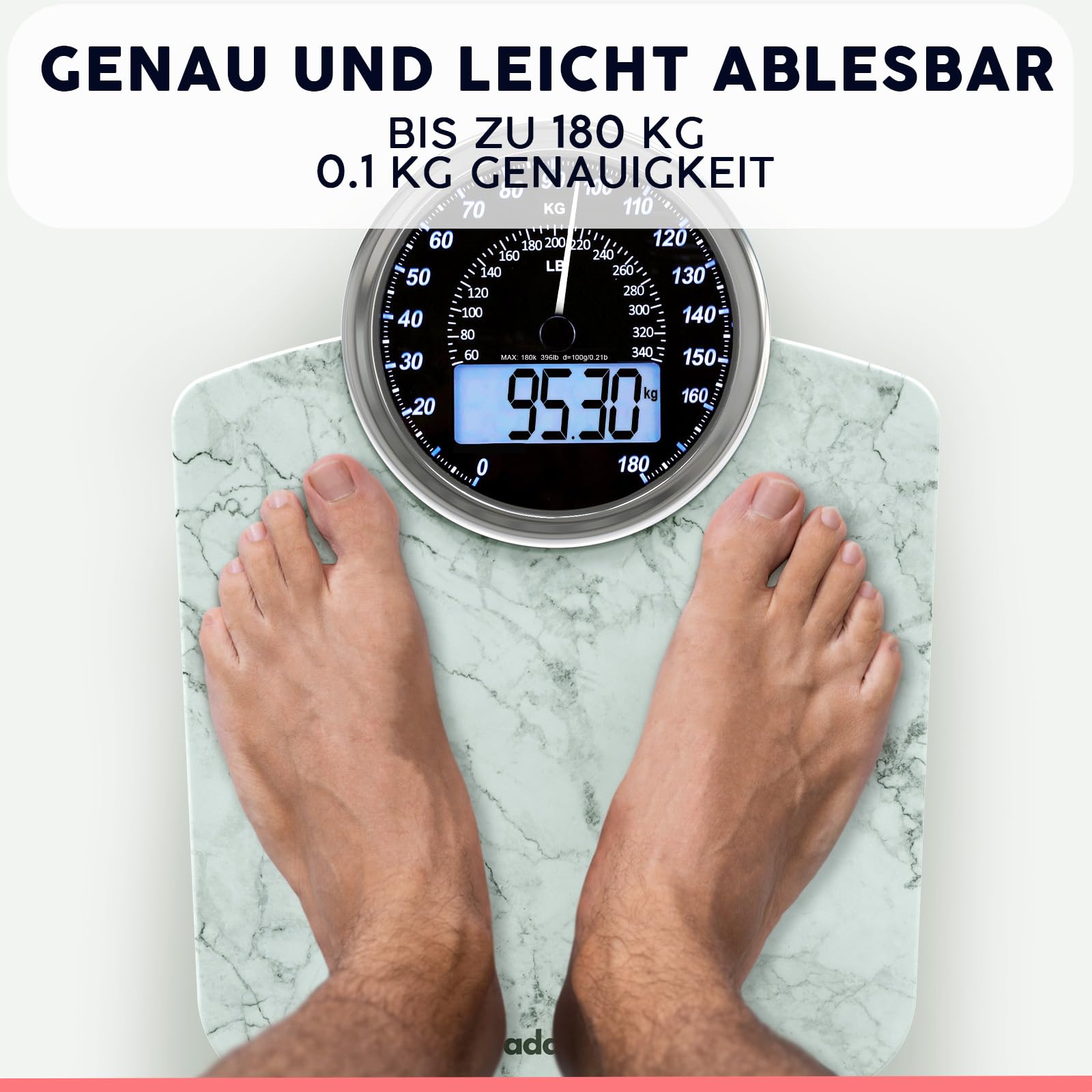 Hybrid Personenwaage - Analog & Digital, Präzise bis 180 kg | Gewicht auf Analogzifferblatt und LCD ablesen. Breite Glasplattform, 3 AAA Batterien inklusive, sofort einsatzbereit.