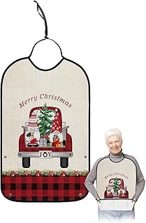 BOBOWUNY Christmas Truck Adult Bibs for Elder Women Men Eating, Black Red Plaid Xmas Tree Gnomes Waterproof & Washable Bibs for Eating Clothing Protector Dining Bibs for Crumb Catcher