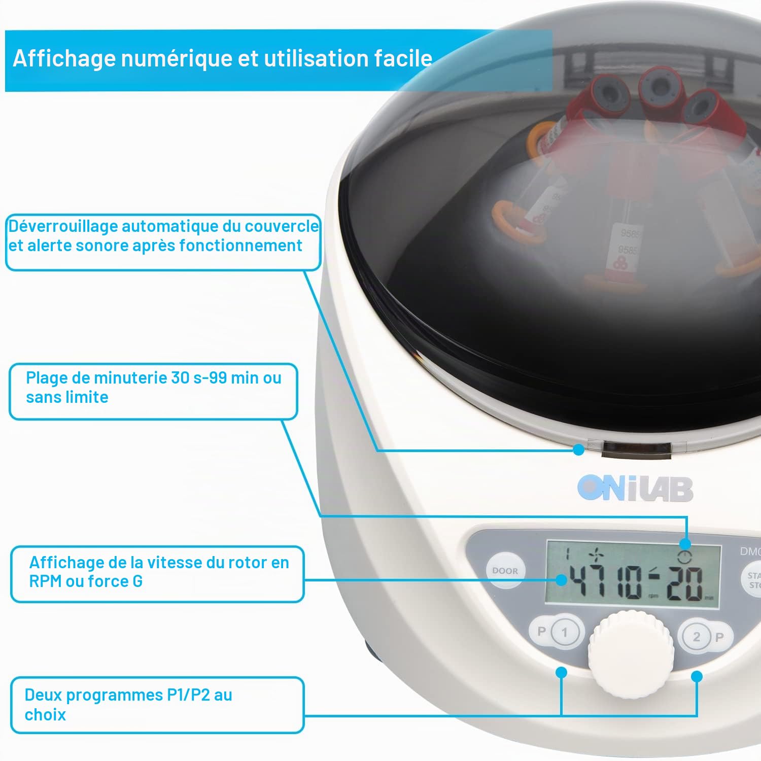 ONiLAB Centrifugeuse de table de laboratoire PRP 6 x 15 mL/10 mL/7 ml/1,5-5 ml, 300-5000 tr/min (max. 2600 xg RCF), minuteur de centrifugeuse numérique LCD de bureau 30 sec-99 min, deux programmes de