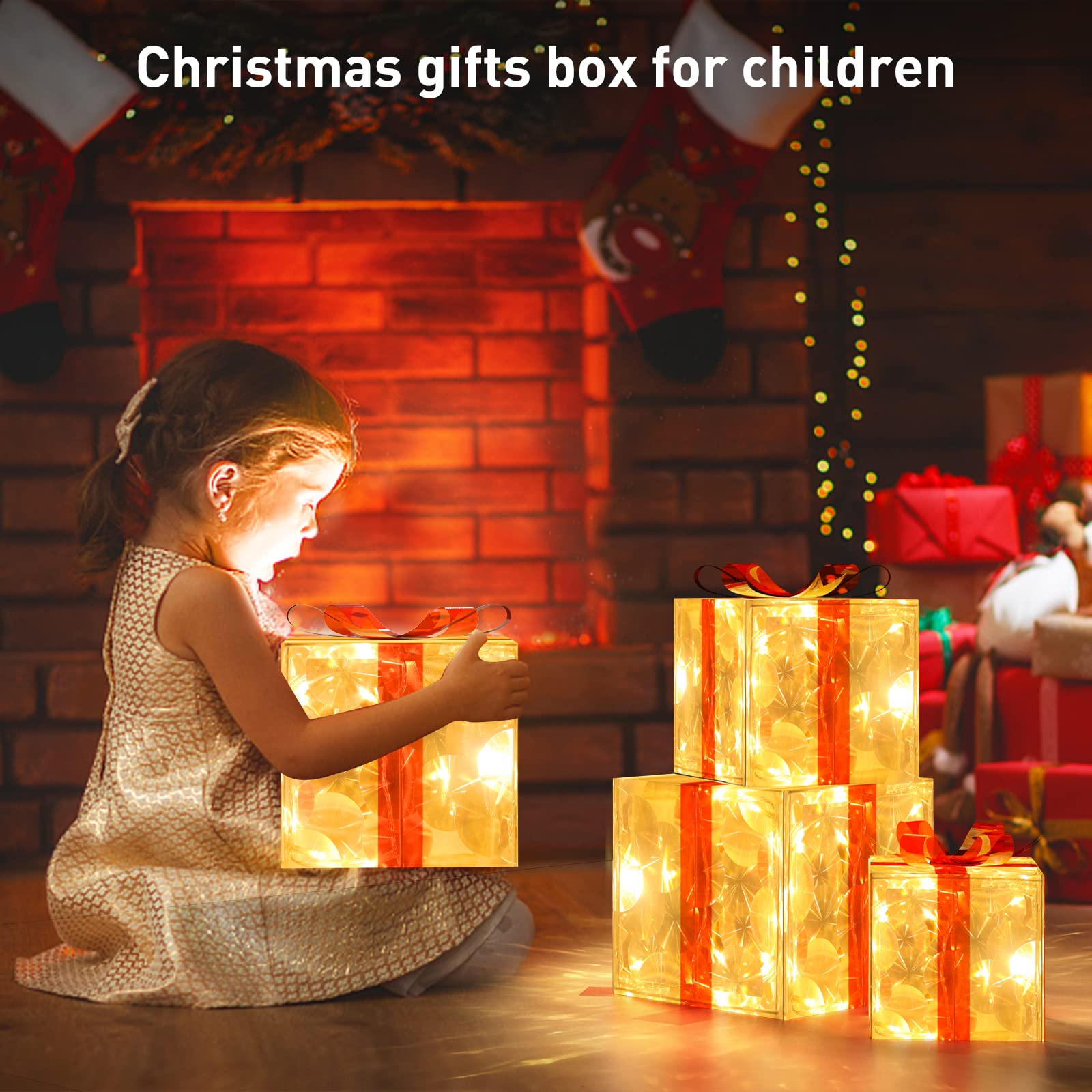 3er Set LED Geschenkbox, Weihnachtsdeko mit 60 warmweiß LEDs innen Strom, PVC Wasserdicht Weihnachtenbox Beleuchtete außen mit Schleife