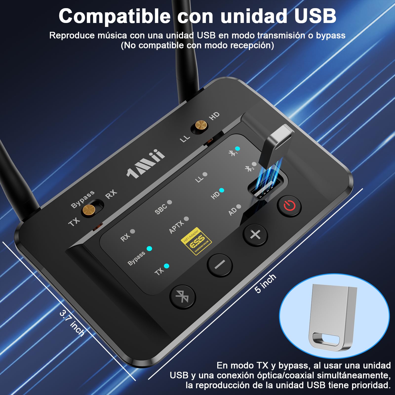 1Mii B03S Transmisor Receptor Bluetooth 5.3 para TV a 2 Auriculares, Emisor Adaptador Bluetooth Audio HiFi con aptX LL/HD/AD/ESS DAC Chip para Estéreo, Óptico/Jack 3.5mm AUX(RCA), Largo Alcance