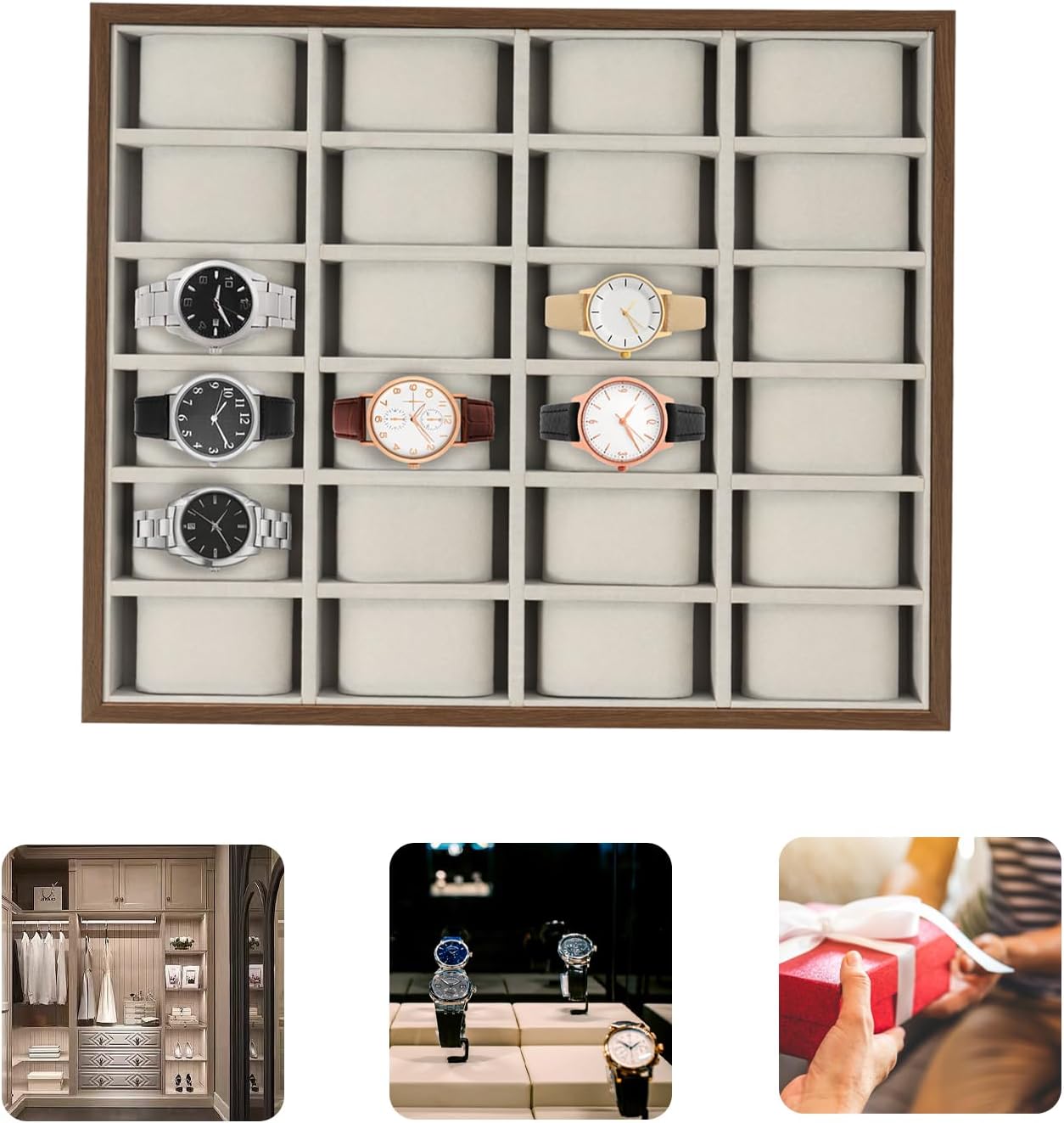 24 Slot Watch Display Box, Jewelry Display Storage Box, Big Watch Collection Case, Watch Organizer Tray for Retail, Removable Pillow Velvet Lining for Closet, Dressing Table, Storage Display Window